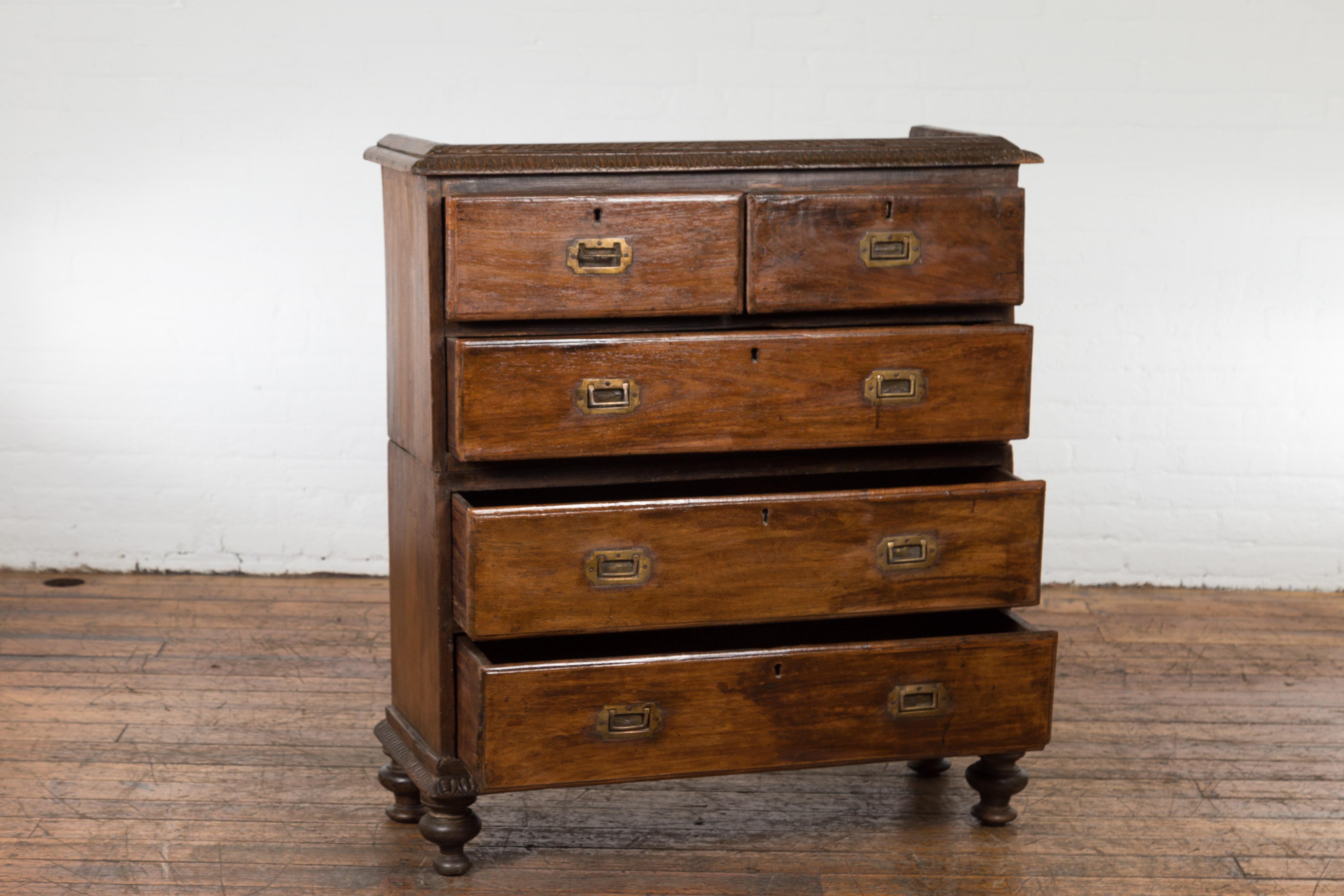 Indian 19th Century Two-Part Chest with Five Drawers and Linear Brass Hardware 9