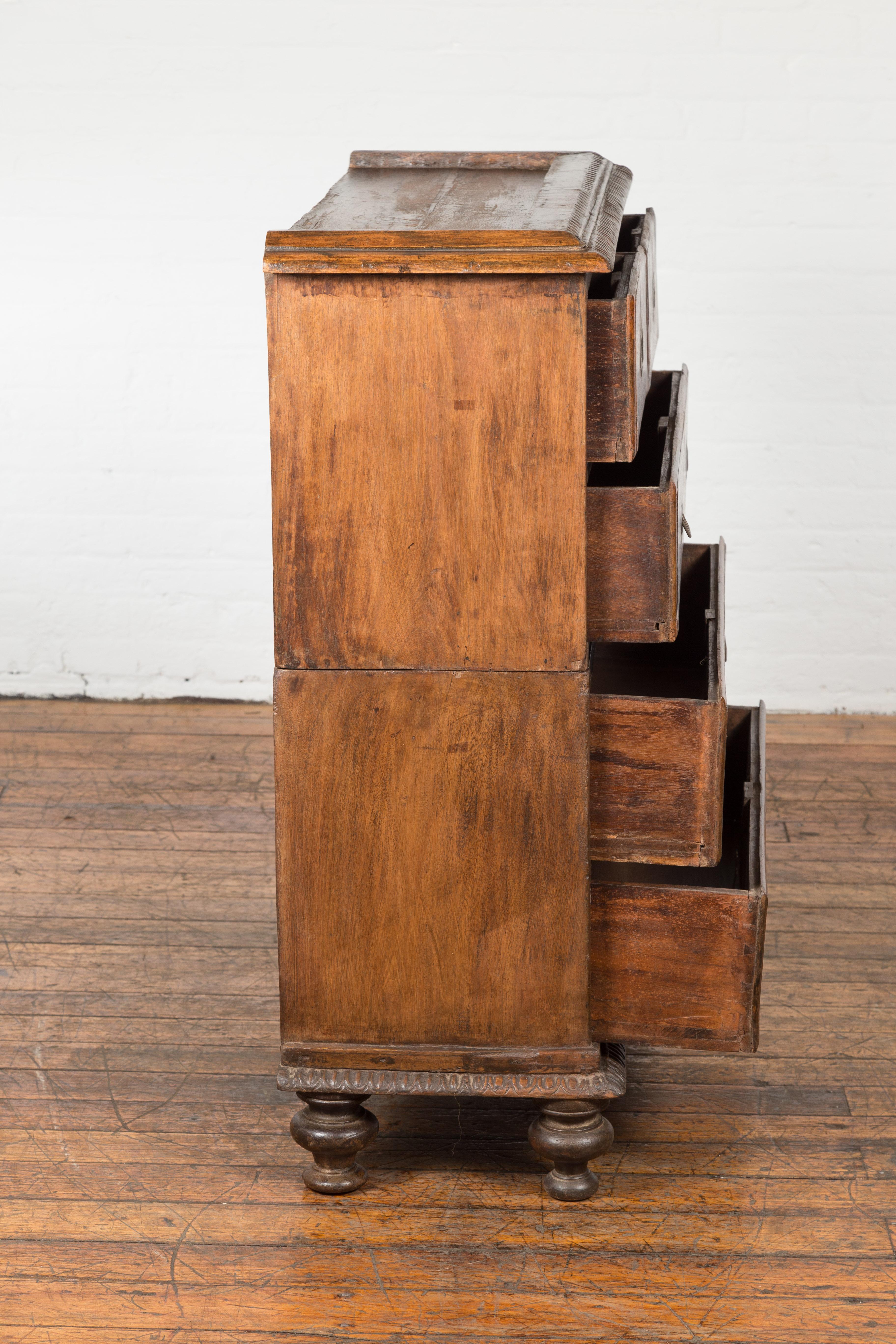 Indian 19th Century Two-Part Chest with Five Drawers and Linear Brass Hardware 11