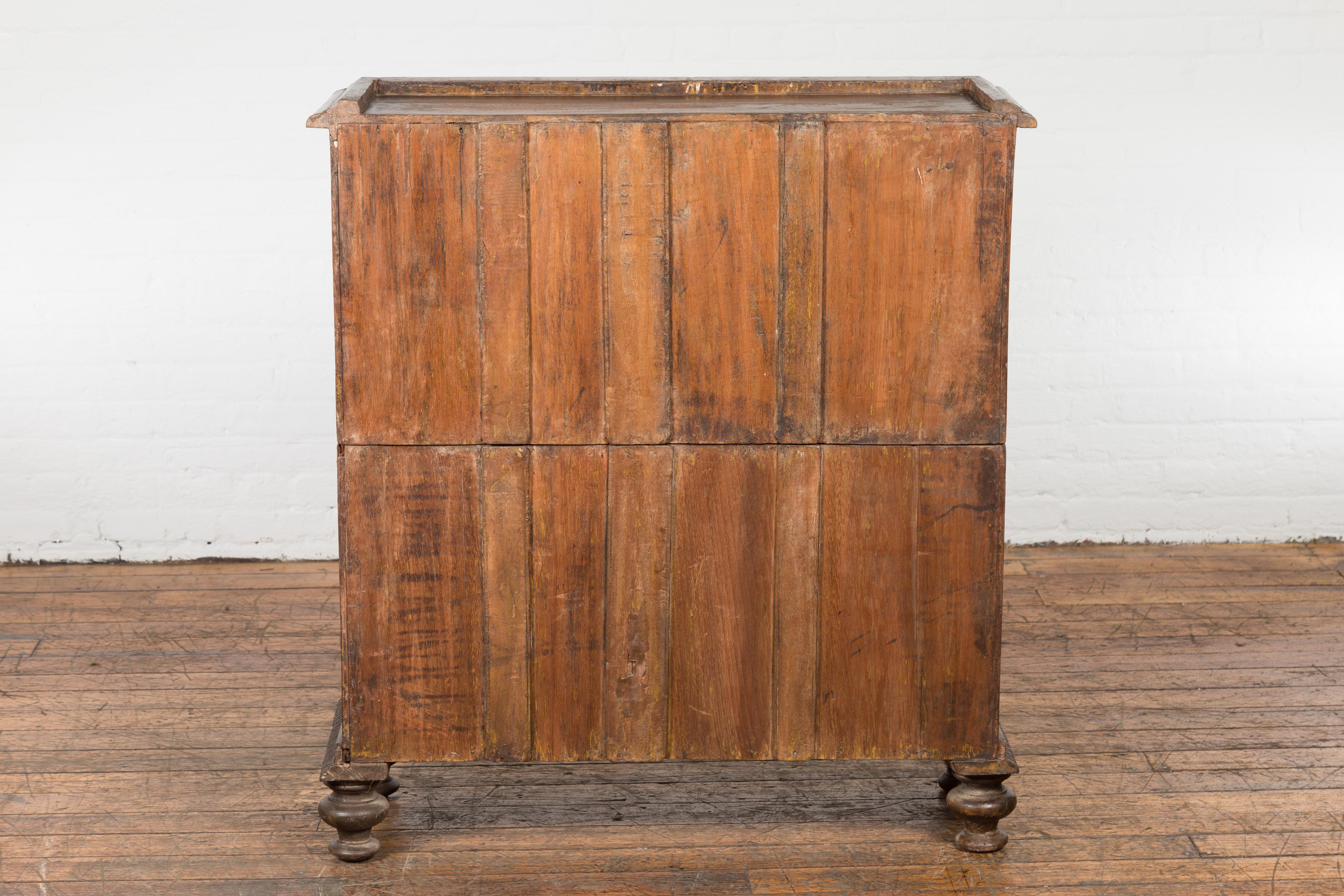 Indian 19th Century Two-Part Chest with Five Drawers and Linear Brass Hardware 12