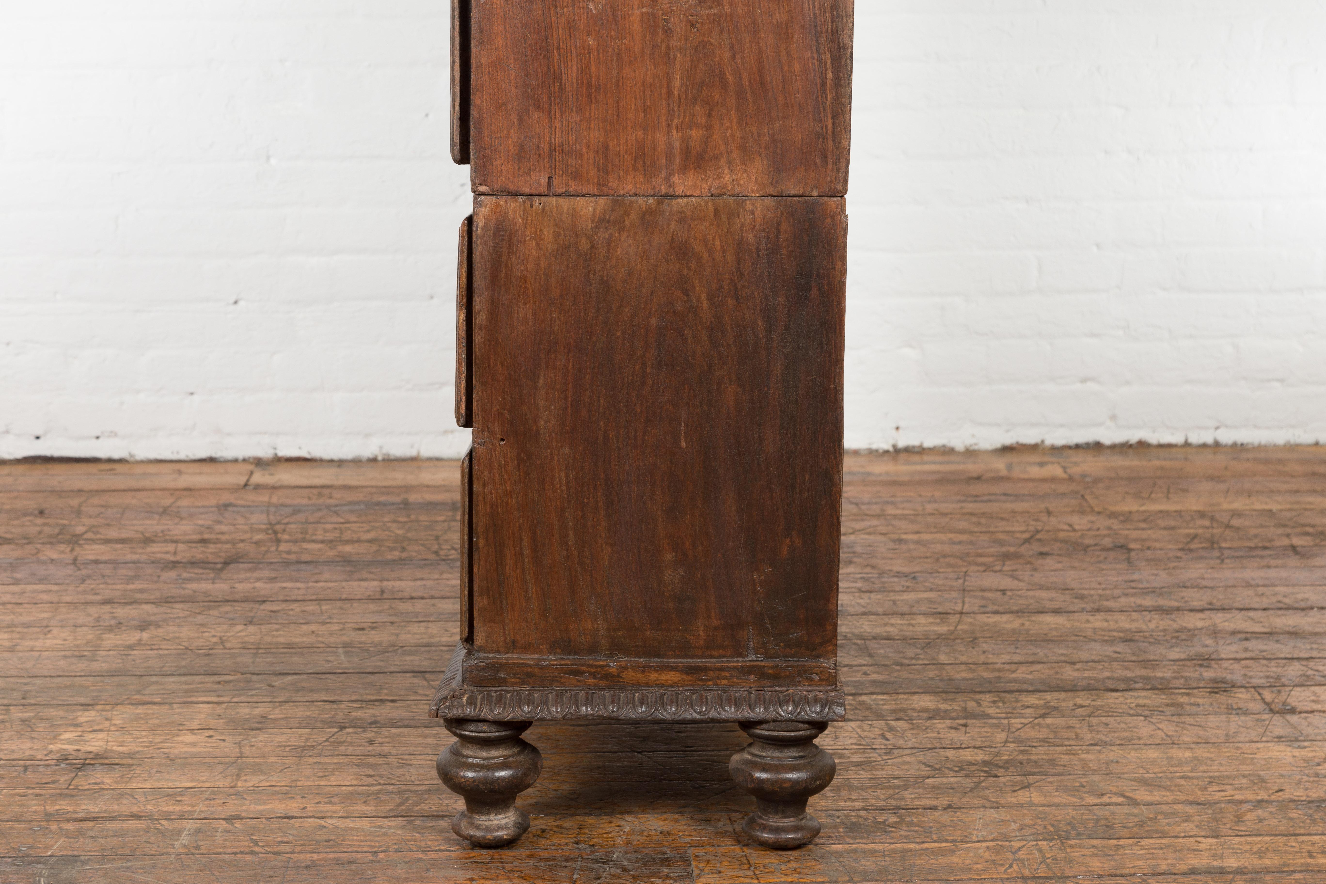 Indian 19th Century Two-Part Chest with Five Drawers and Linear Brass Hardware 15