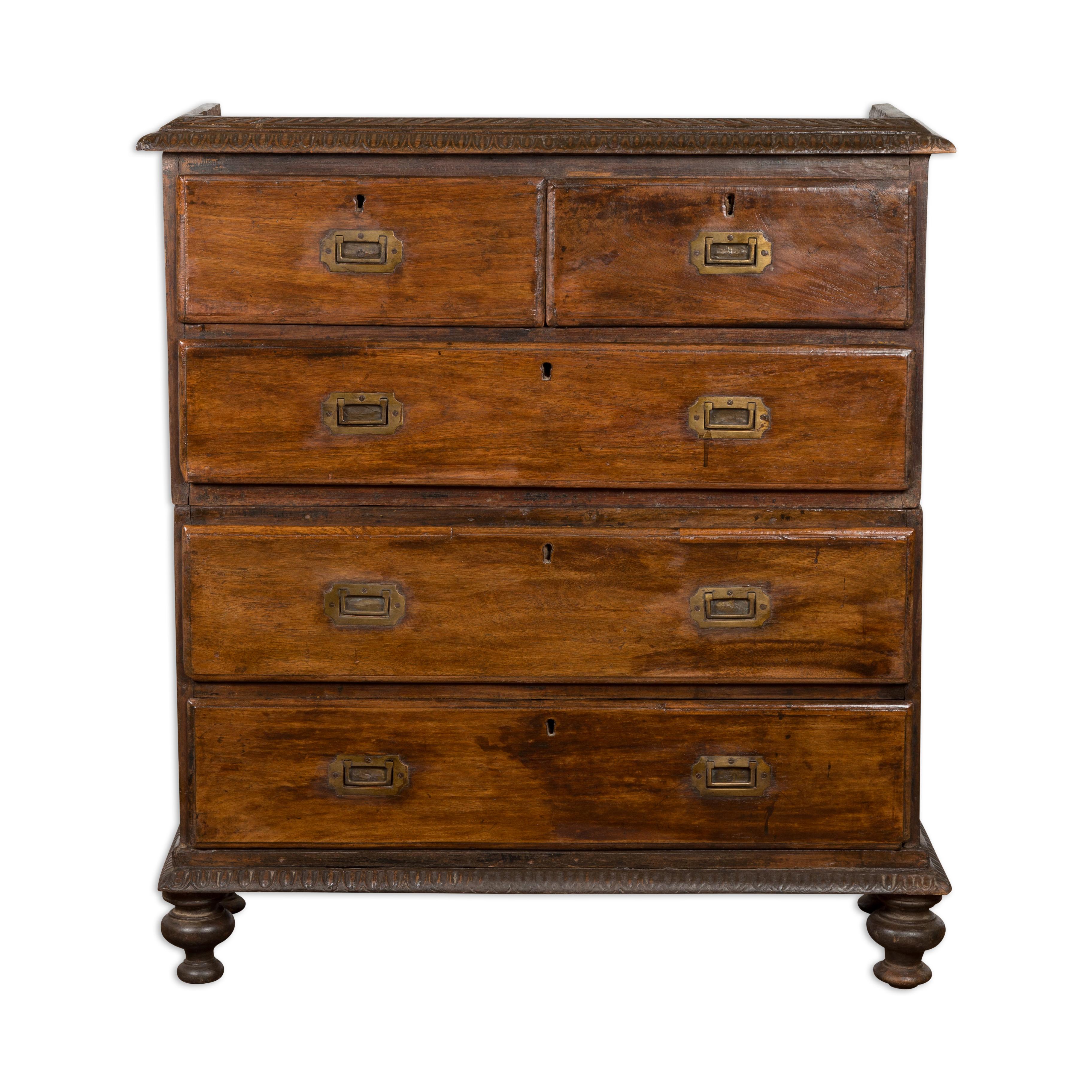 Indian 19th Century Two-Part Chest with Five Drawers and Linear Brass Hardware 17