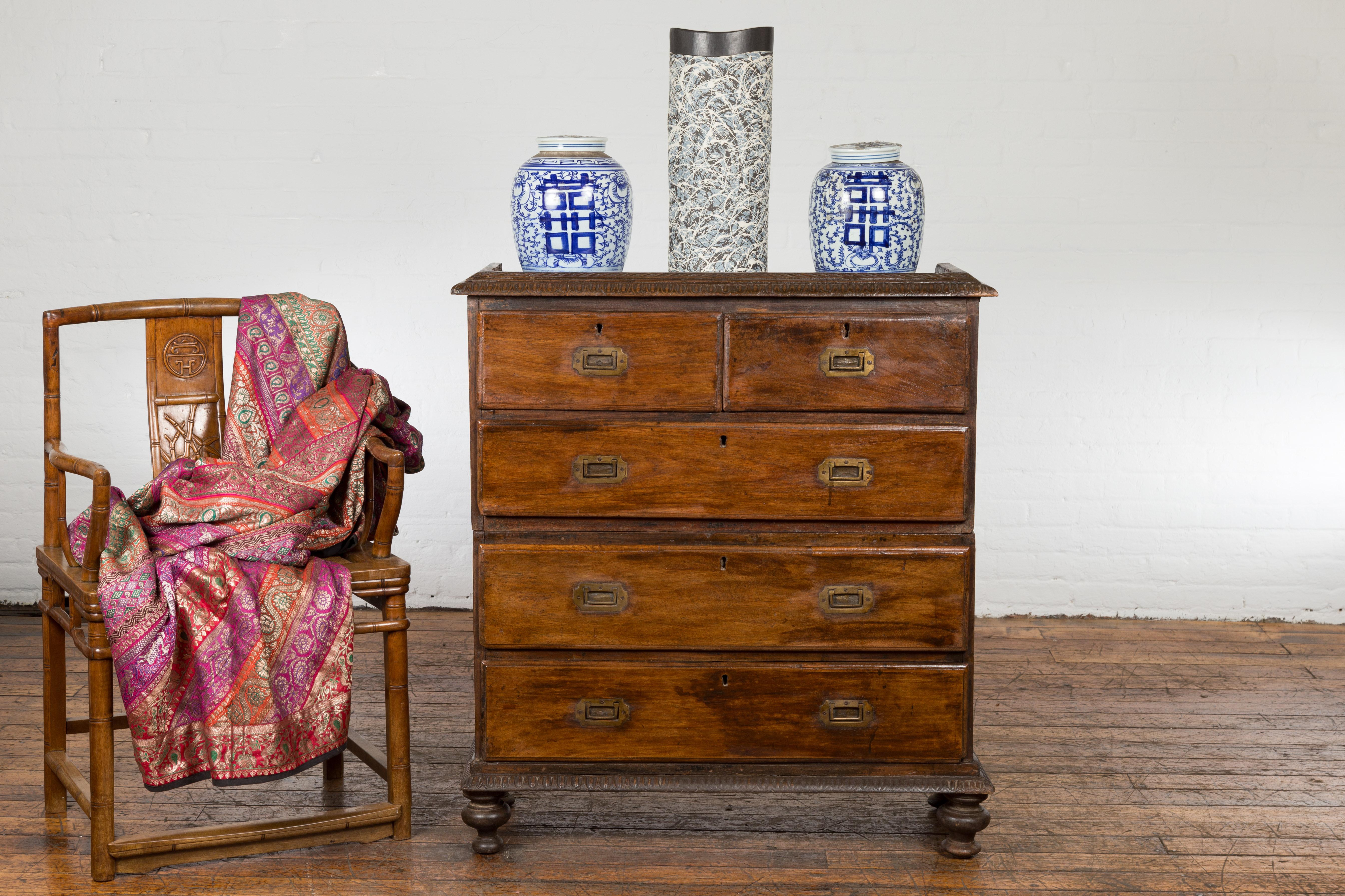 Indian 19th Century Two-Part Chest with Five Drawers and Linear Brass Hardware In Good Condition In Yonkers, NY