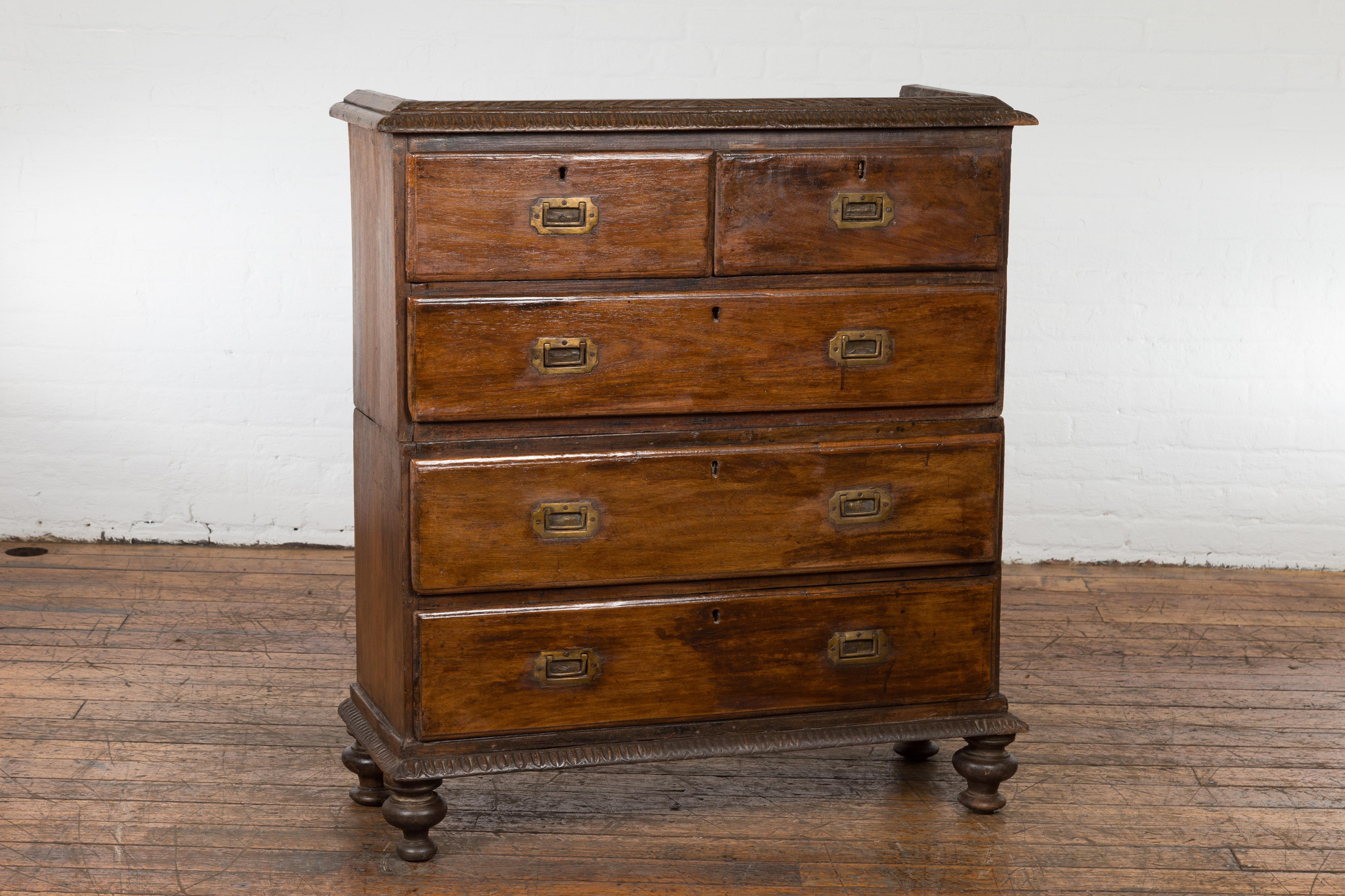 Indian 19th Century Two-Part Chest with Five Drawers and Linear Brass Hardware 1