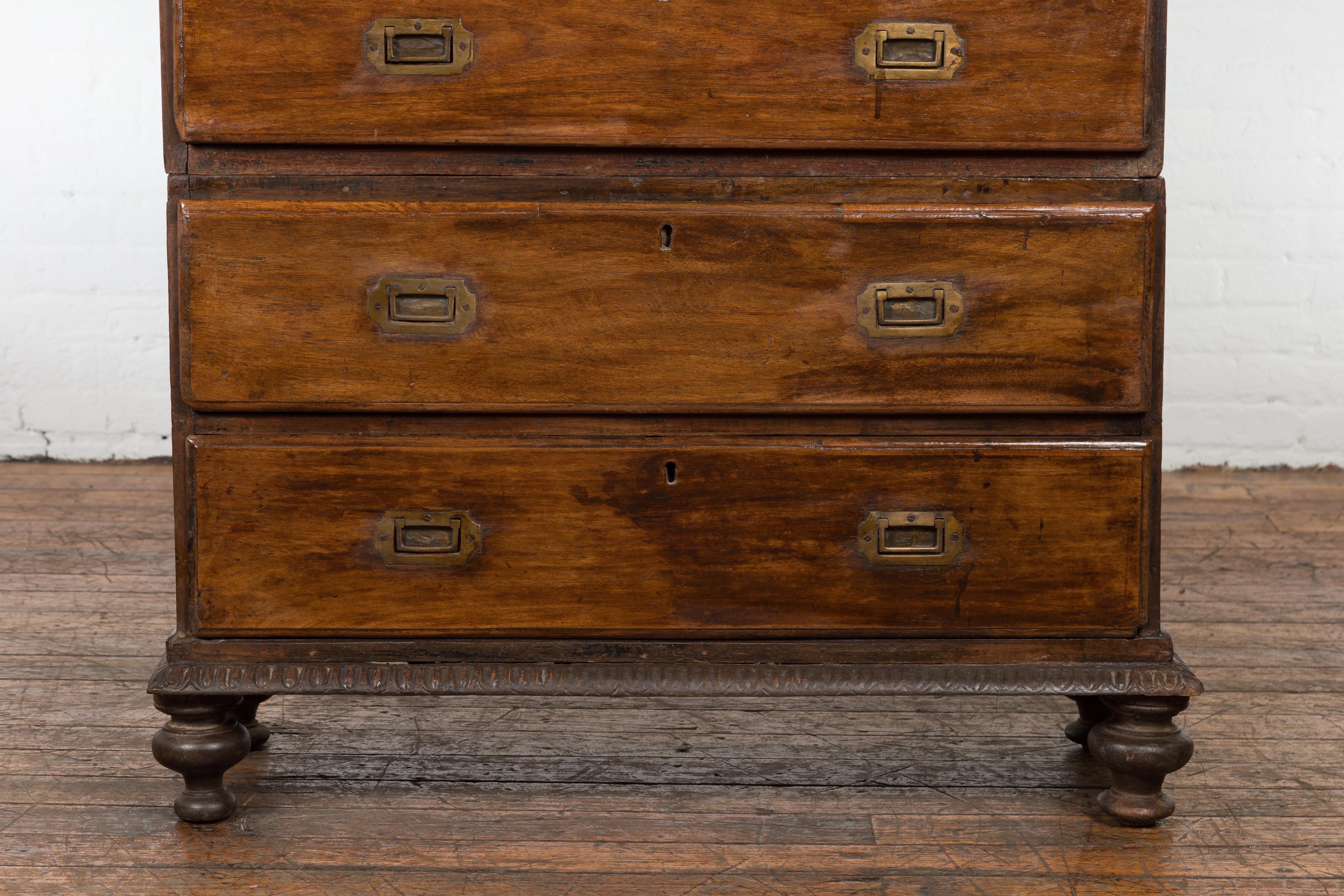 Indian 19th Century Two-Part Chest with Five Drawers and Linear Brass Hardware 2
