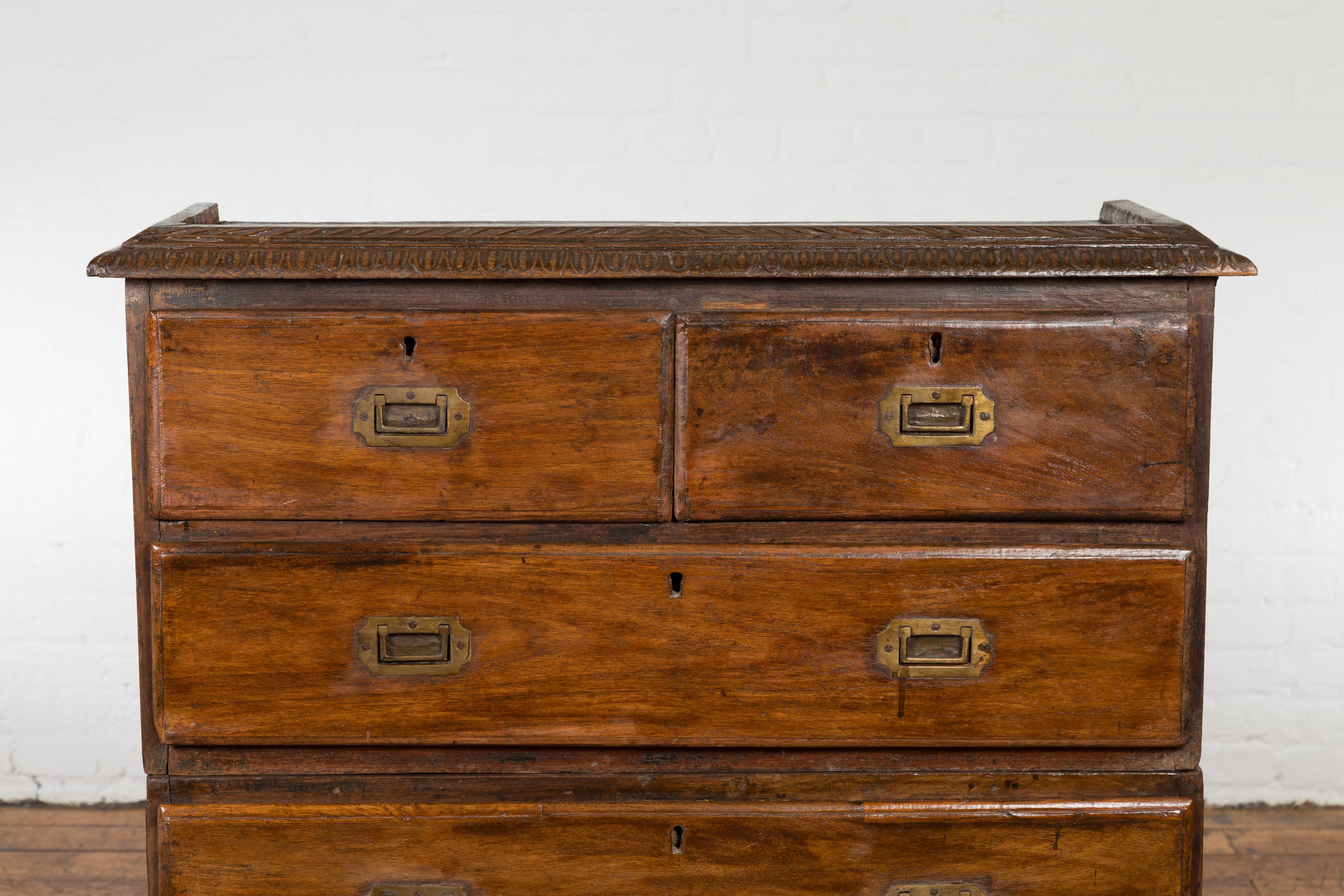 Indian 19th Century Two-Part Chest with Five Drawers and Linear Brass Hardware 4