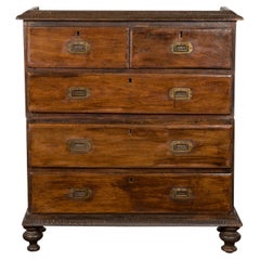 Indian 19th Century Two-Part Chest with Five Drawers and Linear Brass Hardware