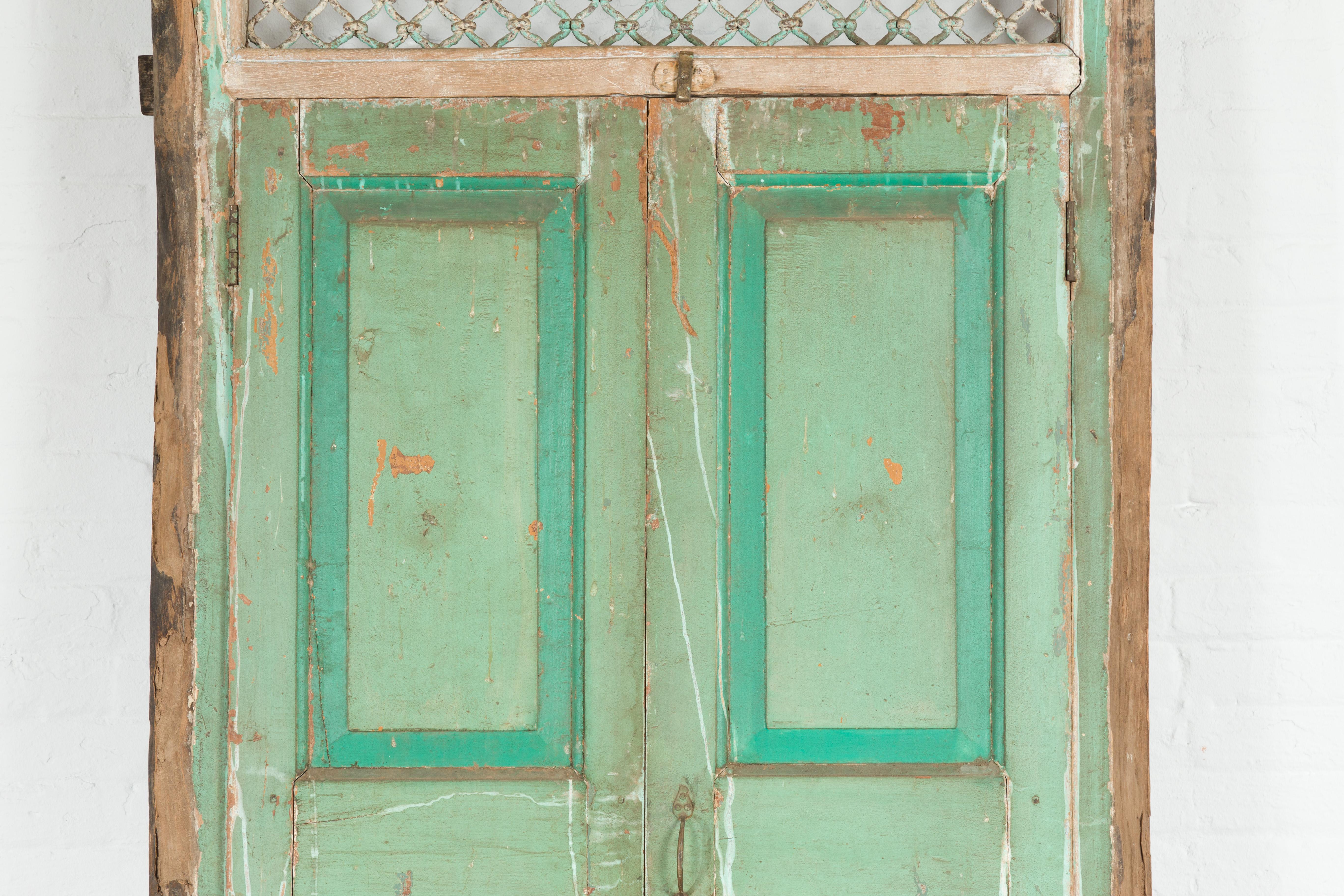 Metal Indian 1900s Wood and Grate Window with Green Paint and Distressed Patina For Sale