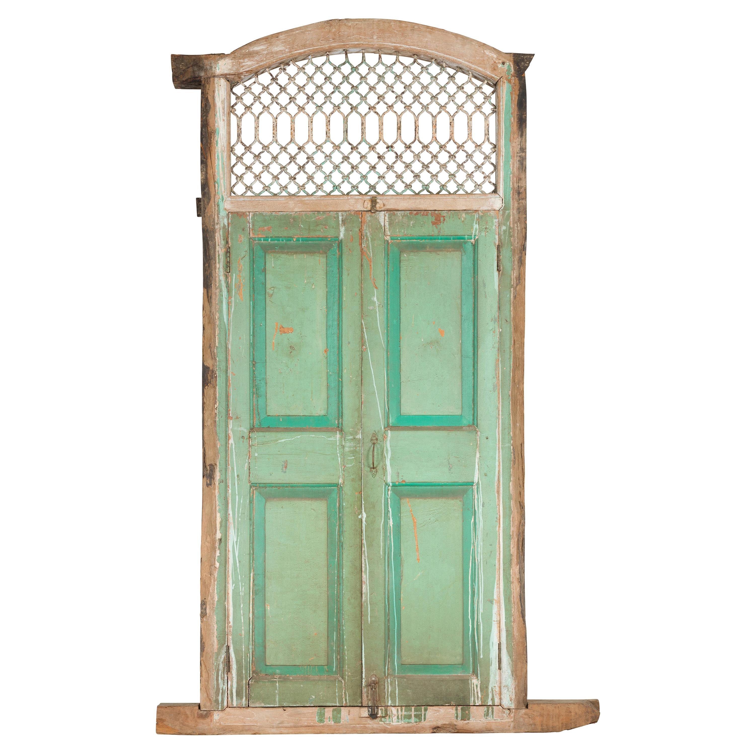 Indian 1900s Wood and Grate Window with Green Paint and Distressed Patina