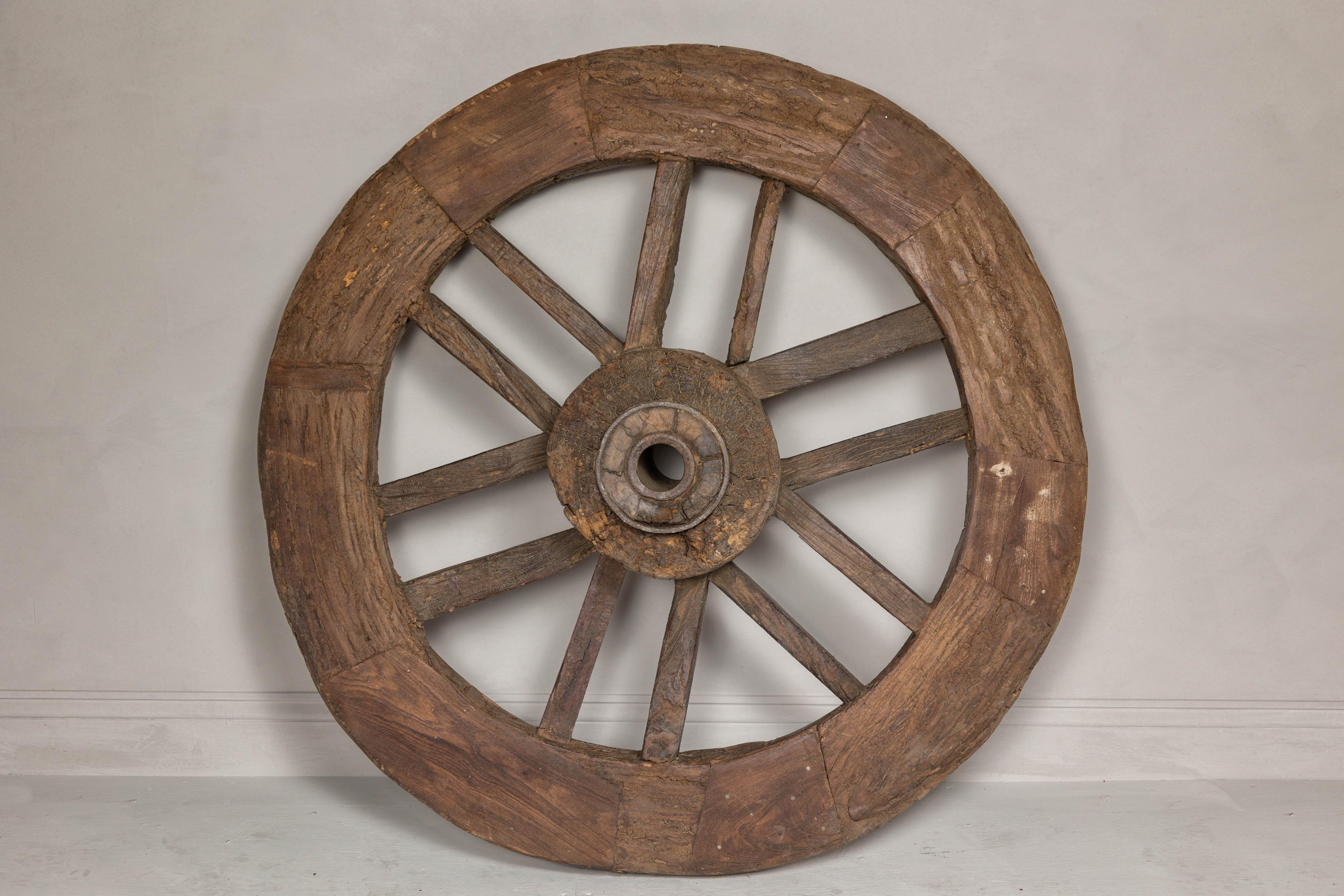 Indian 19th Century Wood and Metal Cart Wheel with Rustic Character For Sale 8