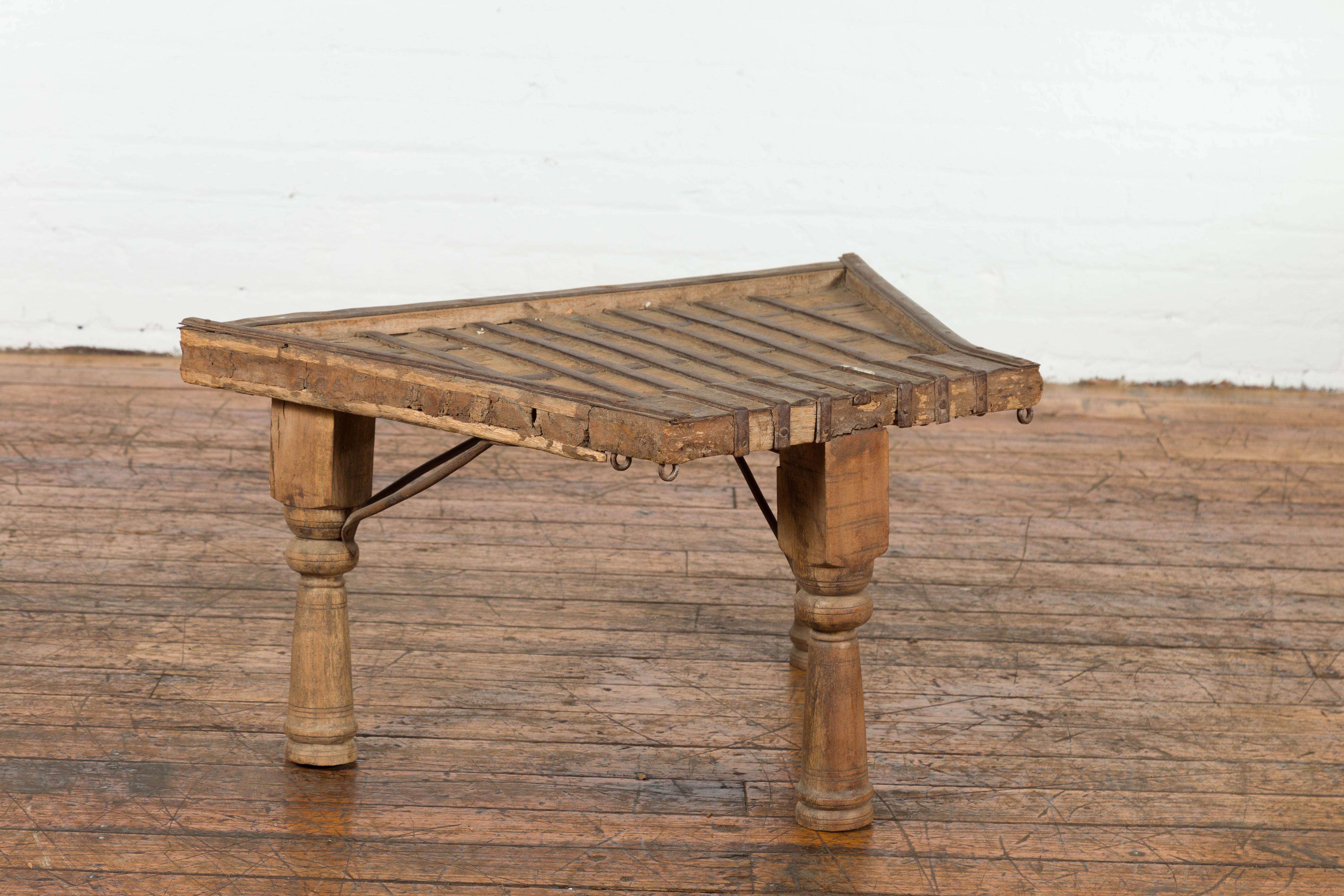 Rustic Indian 19th Century Wood Bullock Cart Made into a Coffee Table with Iron Details For Sale