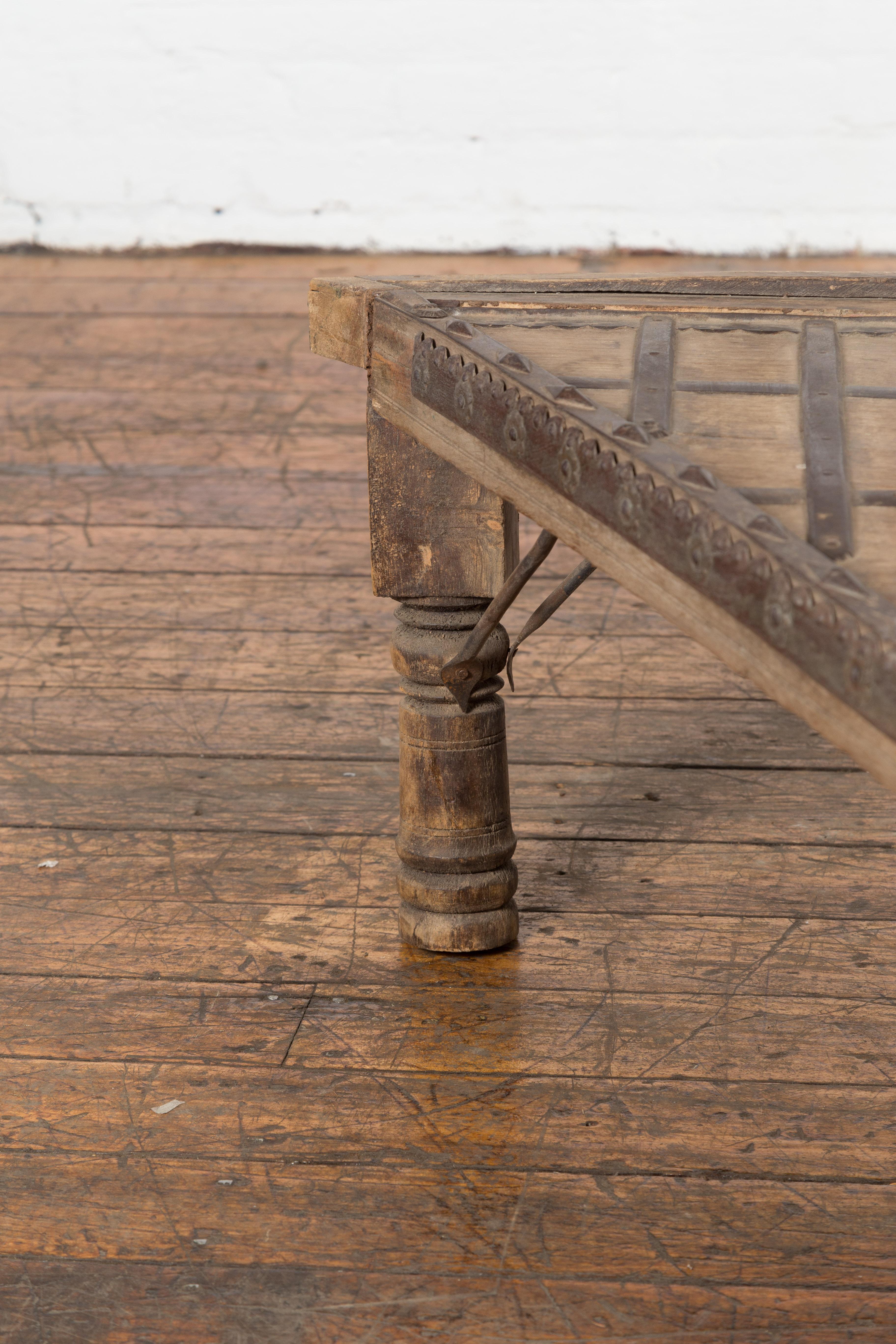 Brass Indian 19th Century Wood Bullock Cart Made into a Coffee Table with Iron Details For Sale