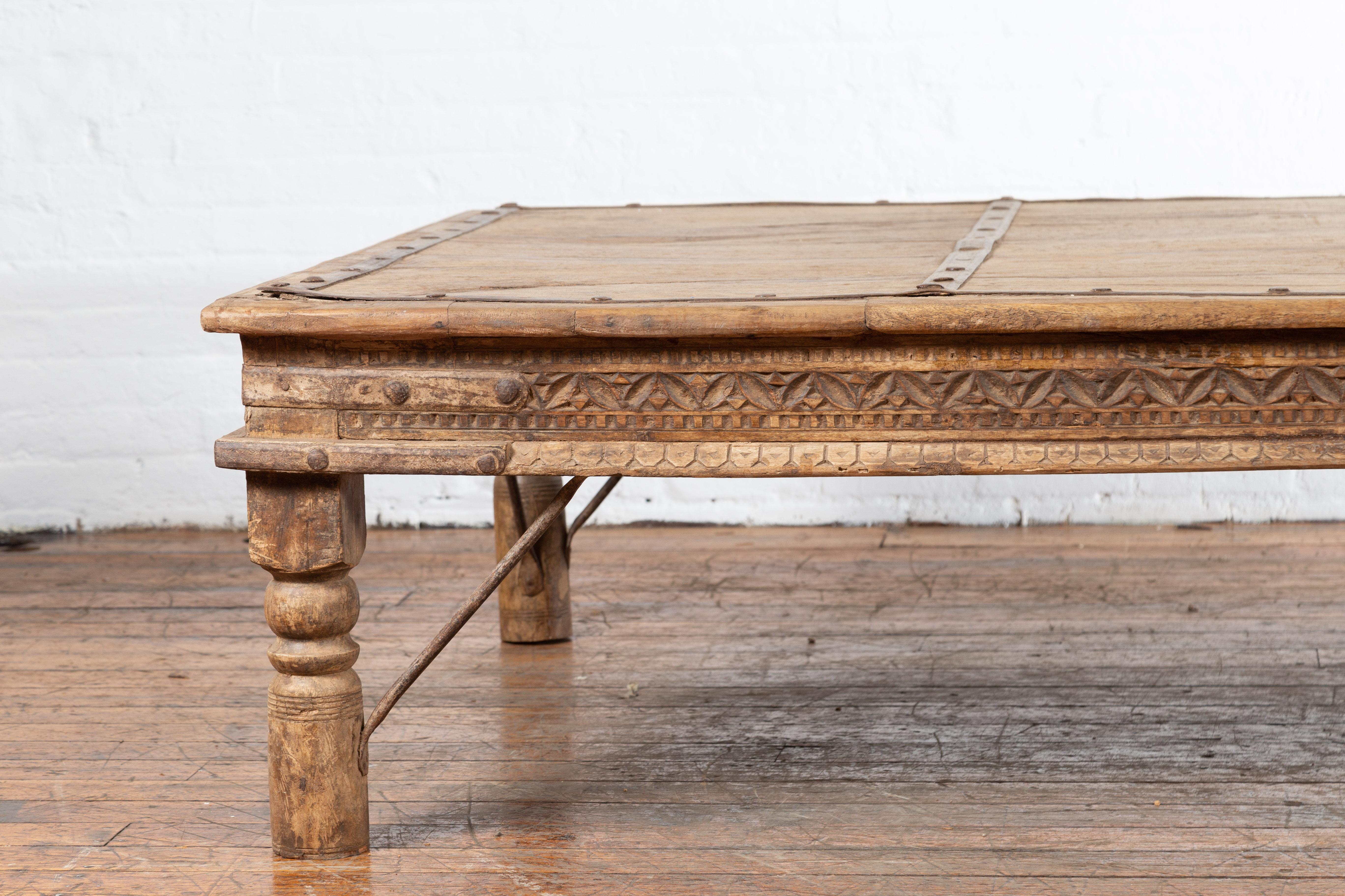 Metal Indian 19th Century Wooden and Iron Courtyard Door Made into a Coffee Table