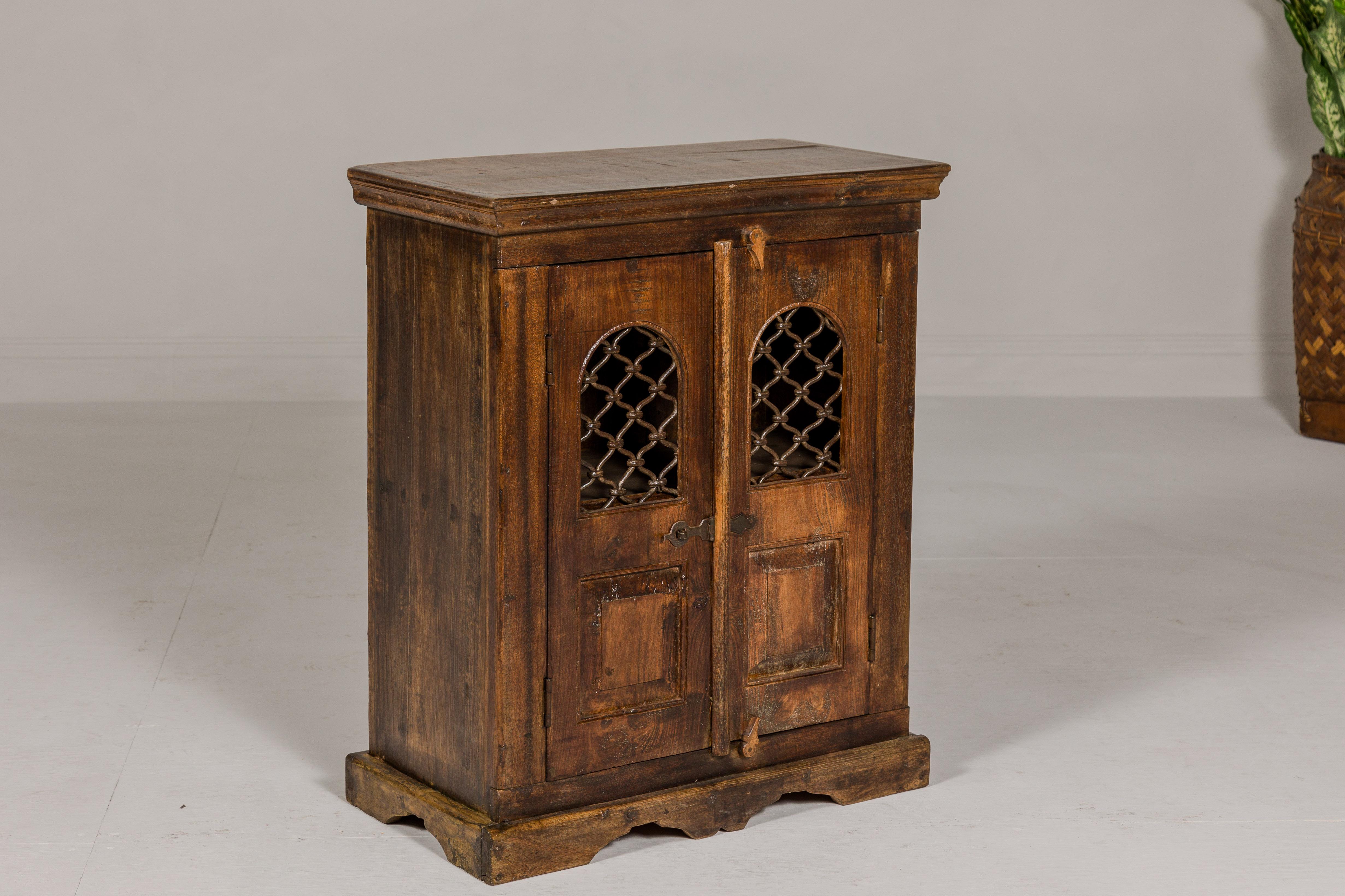 Indian 19th Century Wooden Side Cabinet with Arched Metal Grate Window Door For Sale 11