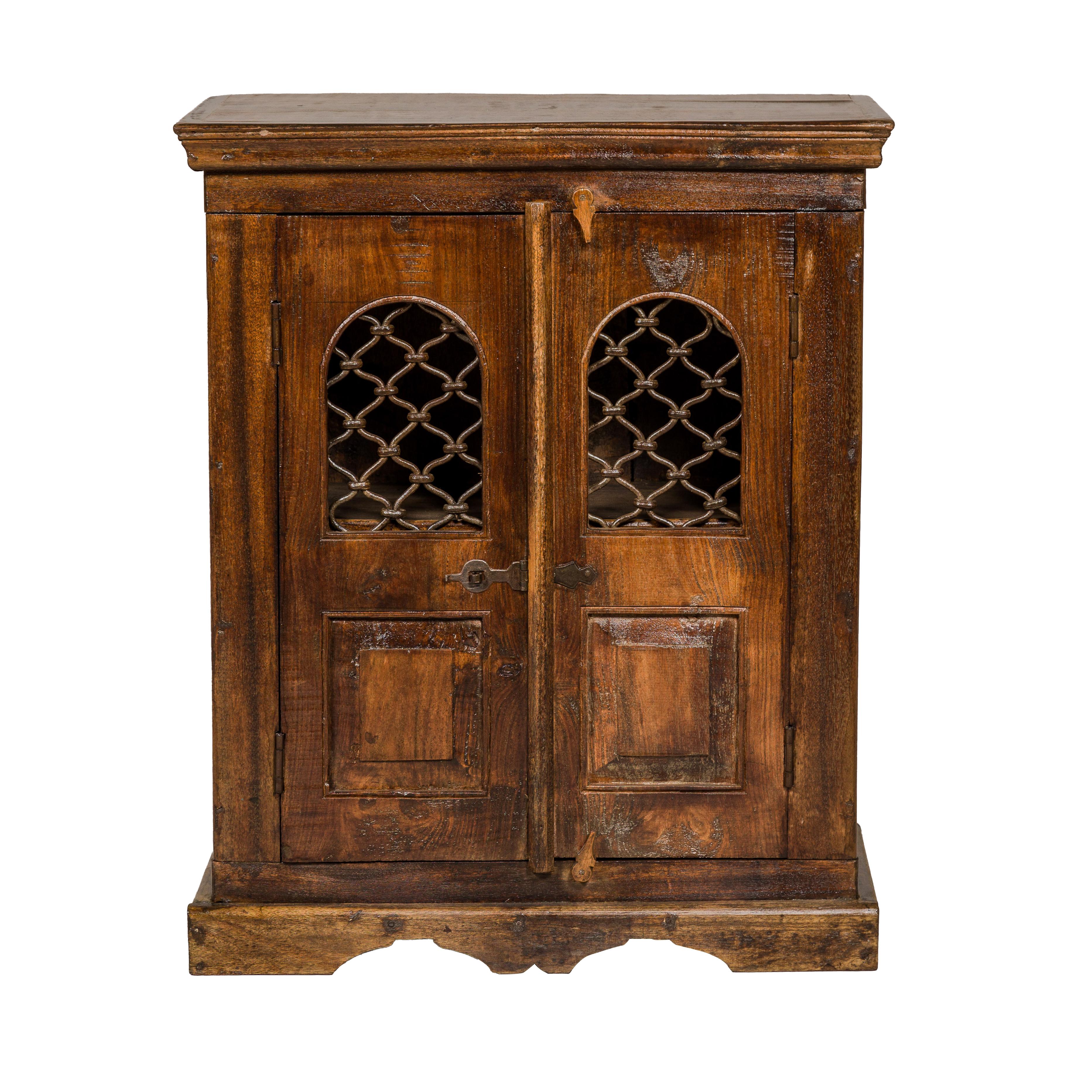 Indian 19th Century Wooden Side Cabinet with Arched Metal Grate Window Door For Sale 15
