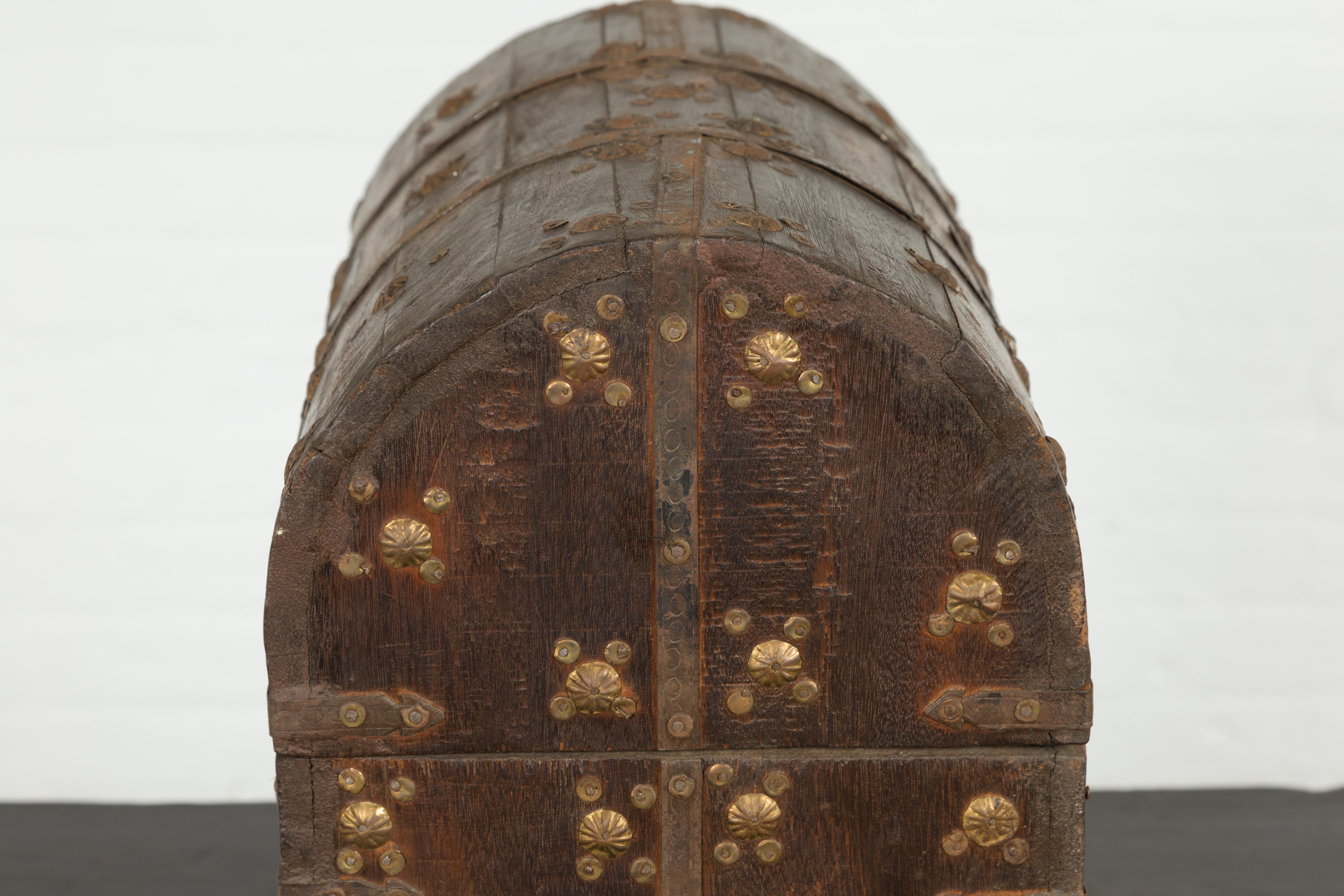 Indian 19th Century Wooden Treasure Chest with Dome Top and Gilt Metal Rosettes 6