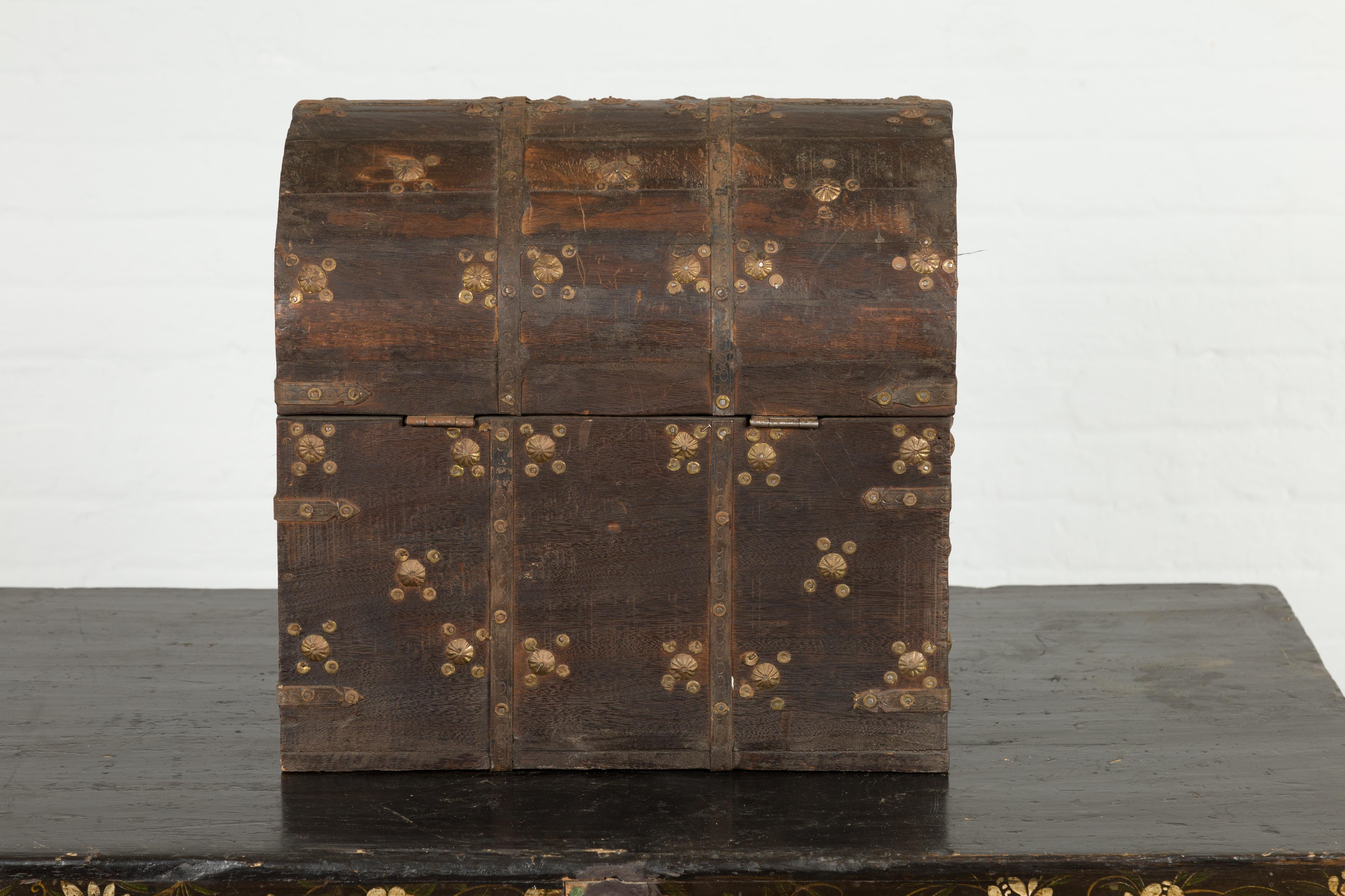 Indian 19th Century Wooden Treasure Chest with Dome Top and Gilt Metal Rosettes 8
