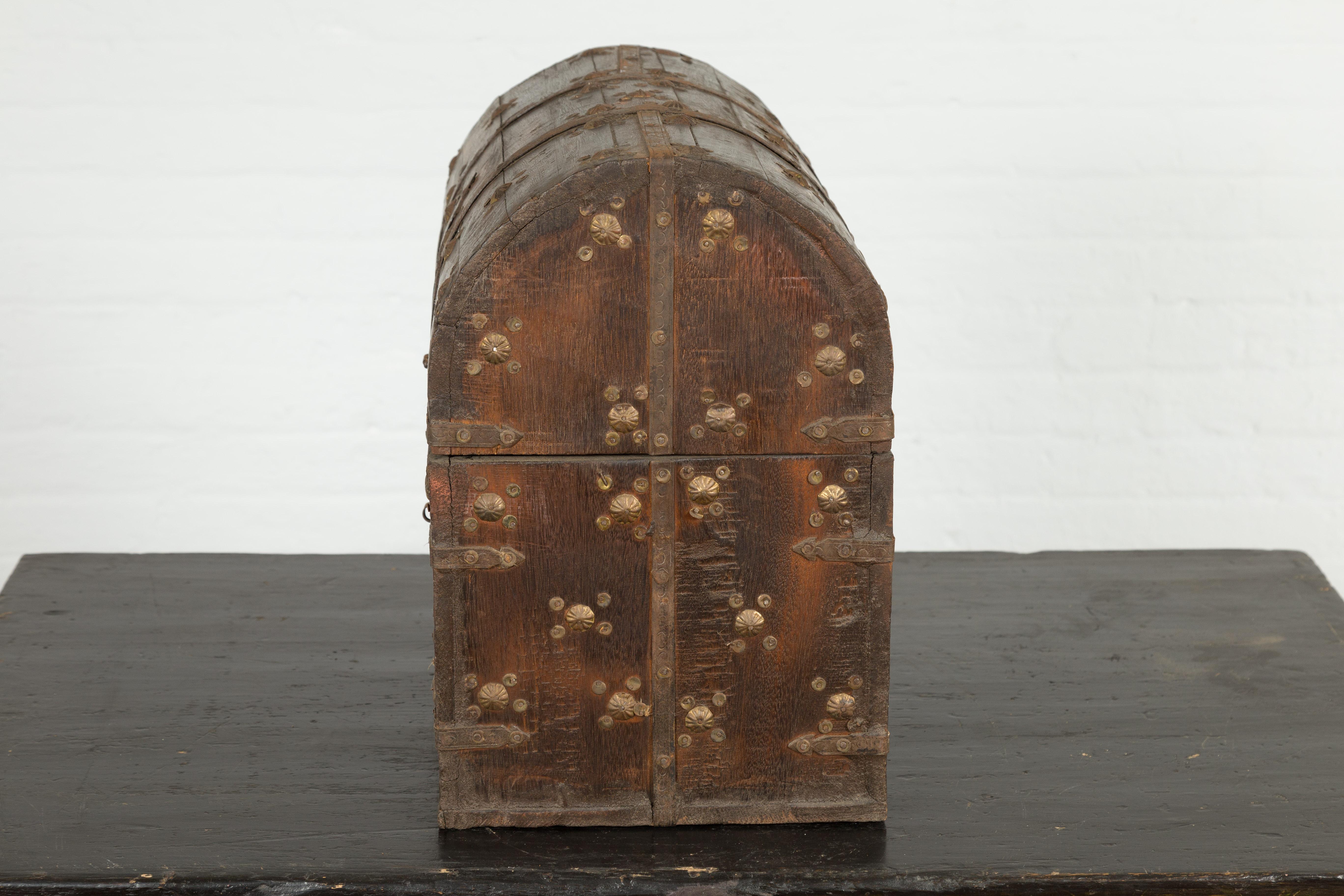 Indian 19th Century Wooden Treasure Chest with Dome Top and Gilt Metal Rosettes 9