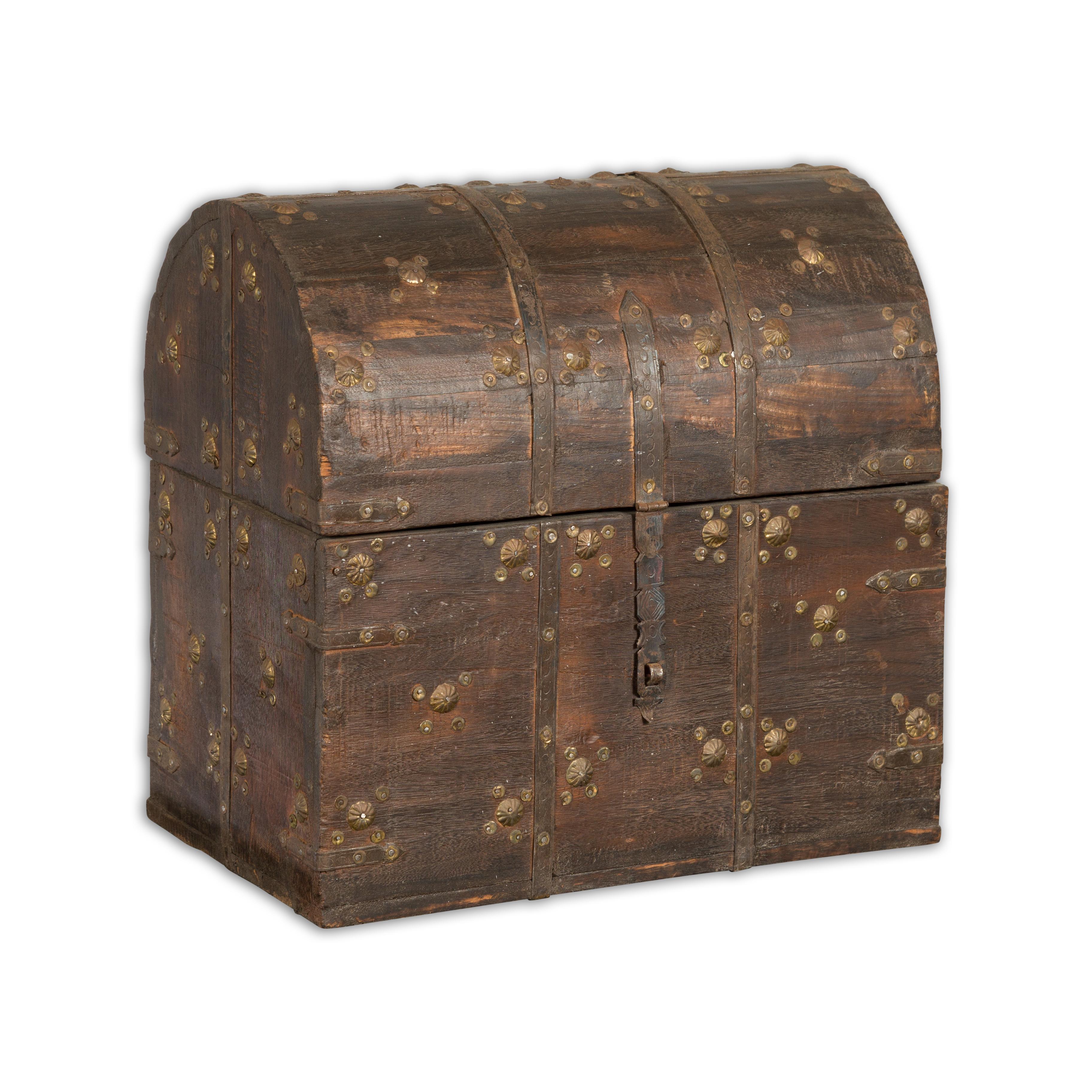 Indian 19th Century Wooden Treasure Chest with Dome Top and Gilt Metal Rosettes 10