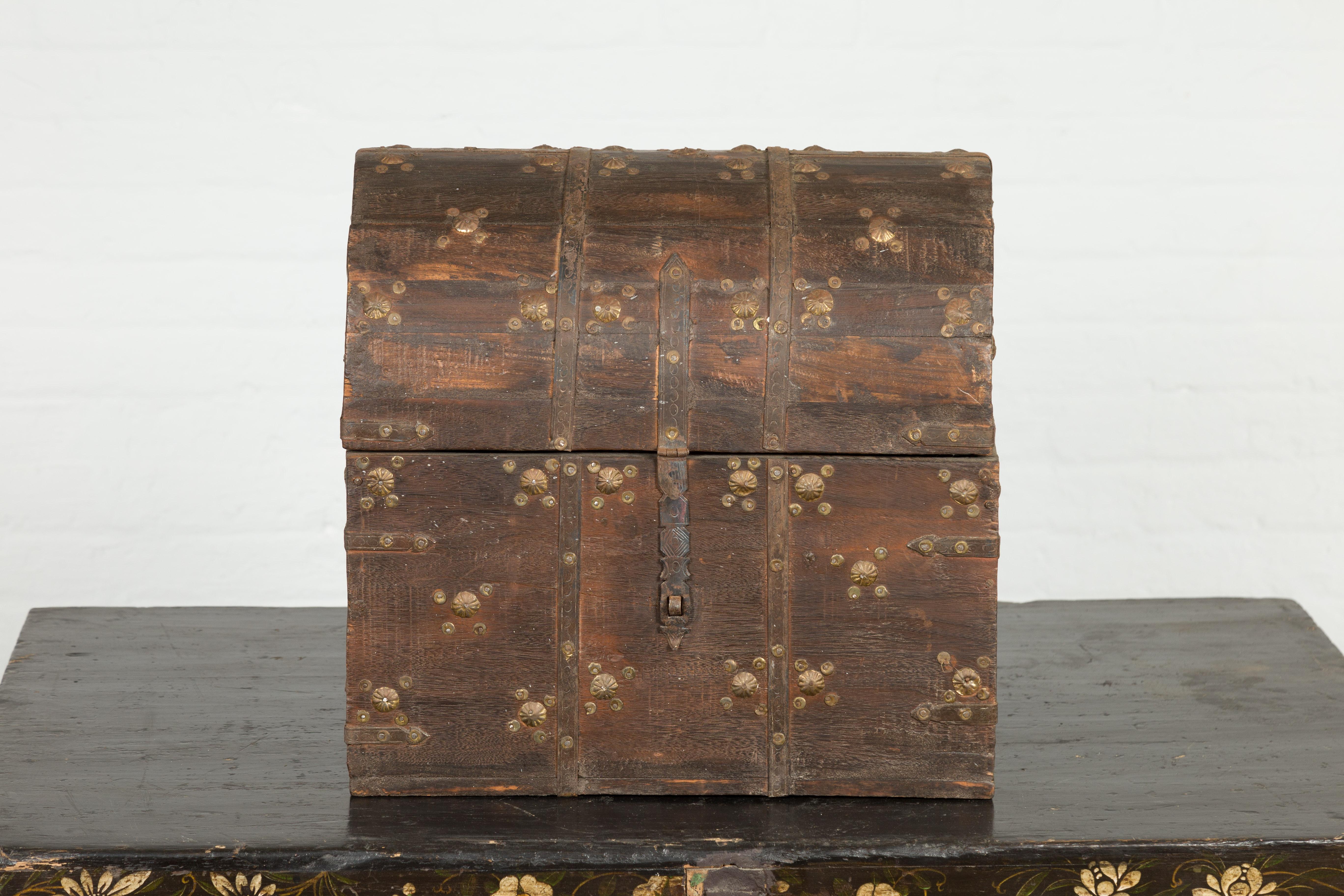 Brass Indian 19th Century Wooden Treasure Chest with Dome Top and Gilt Metal Rosettes
