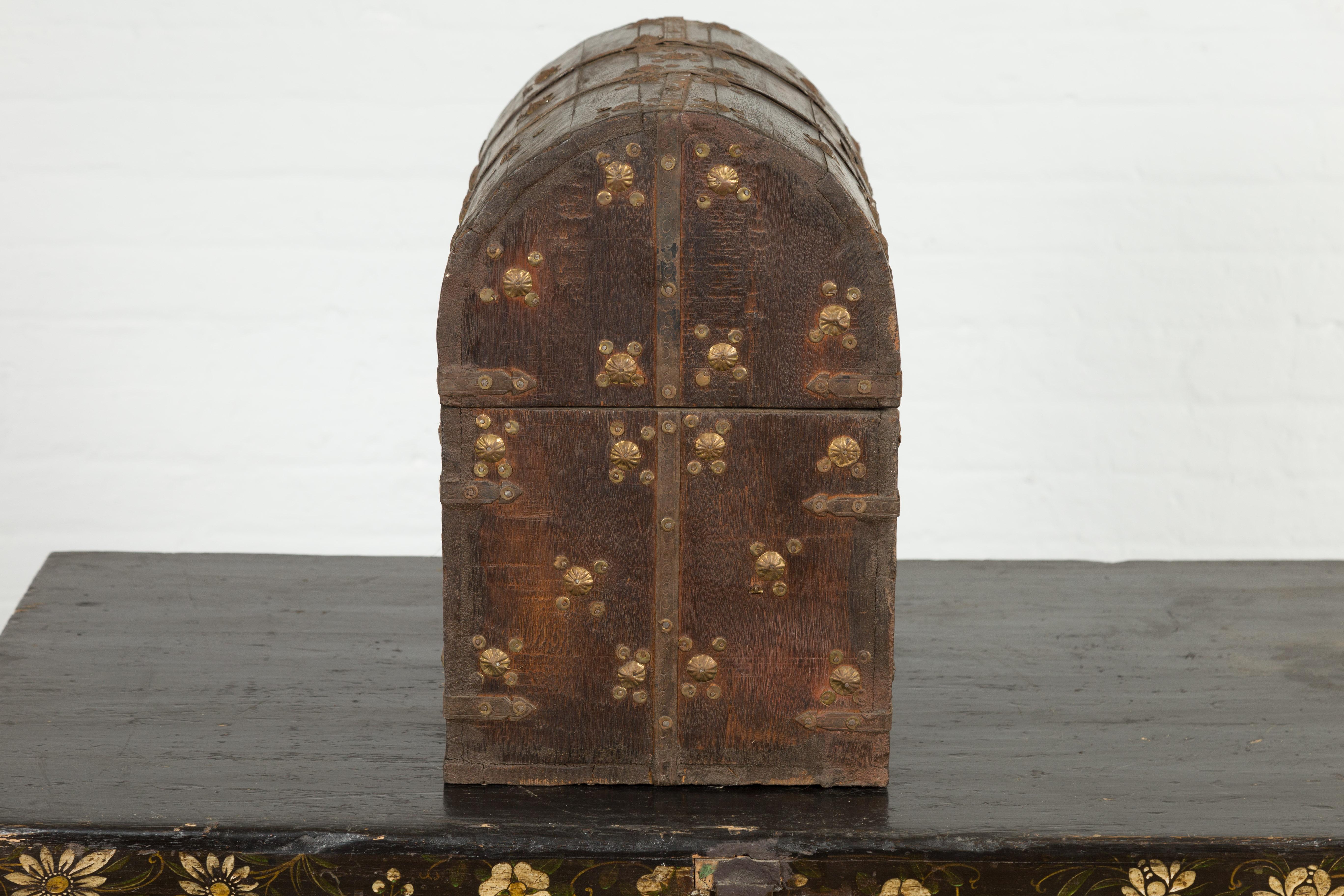 Indian 19th Century Wooden Treasure Chest with Dome Top and Gilt Metal Rosettes 1
