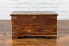 Indian 19th Century Wooden Trunk with Brass Inlay and Bracket Feet