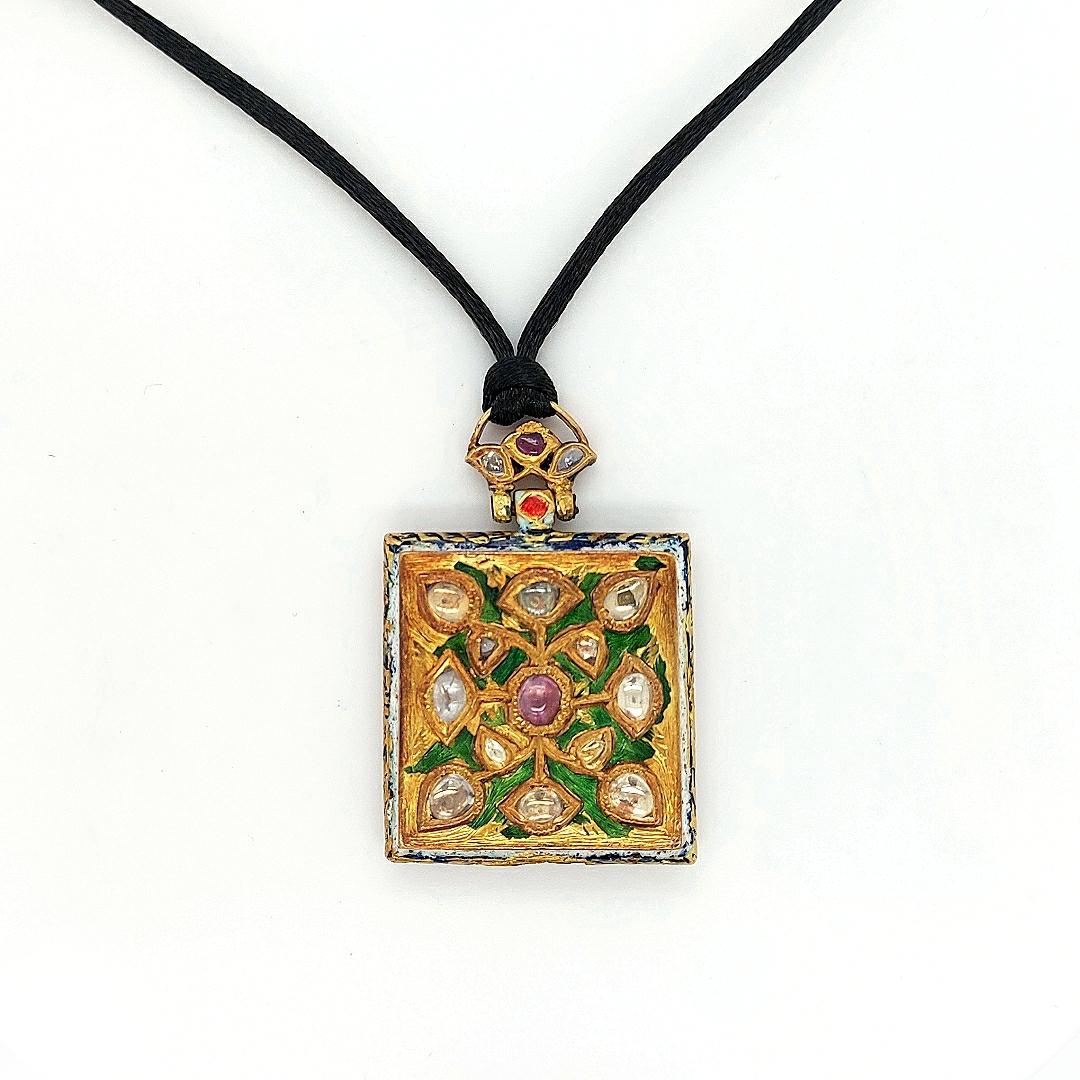 Women's or Men's Indian 2 Sided Pendant/Amulet Gold, Diamonds & Ruby / Enamel Against Bad Spirits For Sale