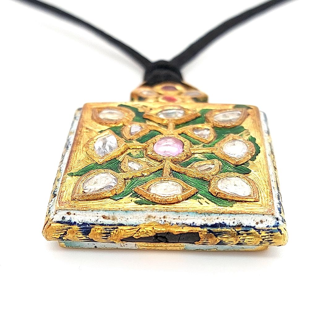 Indian 2 Sided Pendant/Amulet Gold, Diamonds & Ruby / Enamel Against Bad Spirits For Sale 4