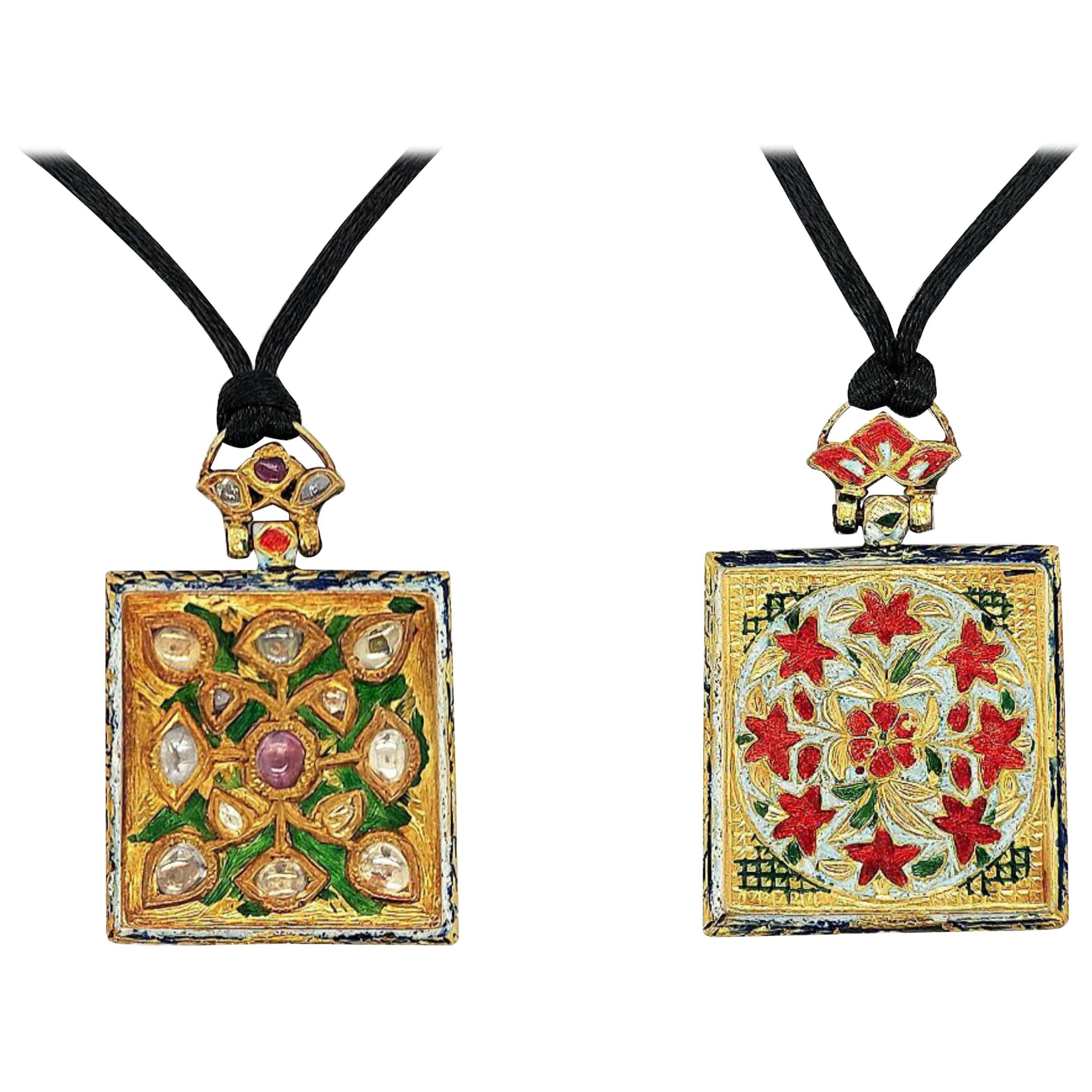 Indian 2 Sided Pendant/Amulet Gold, Diamonds & Ruby / Enamel Against Bad Spirits For Sale