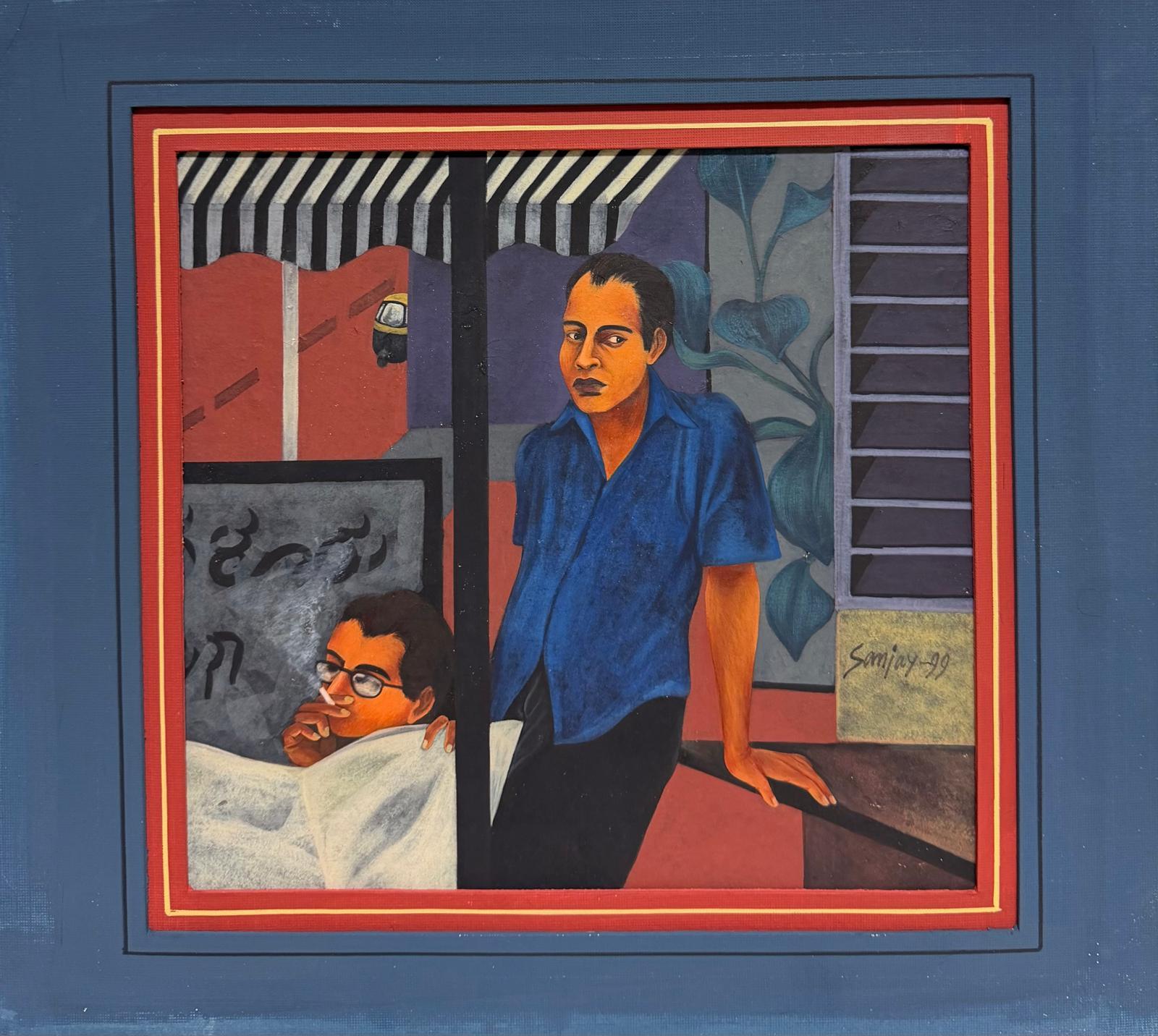 Figurative Painting Indian 20th century - 1990
s Indian Artist Signed Modernist Painting Two Male Figures in Interior