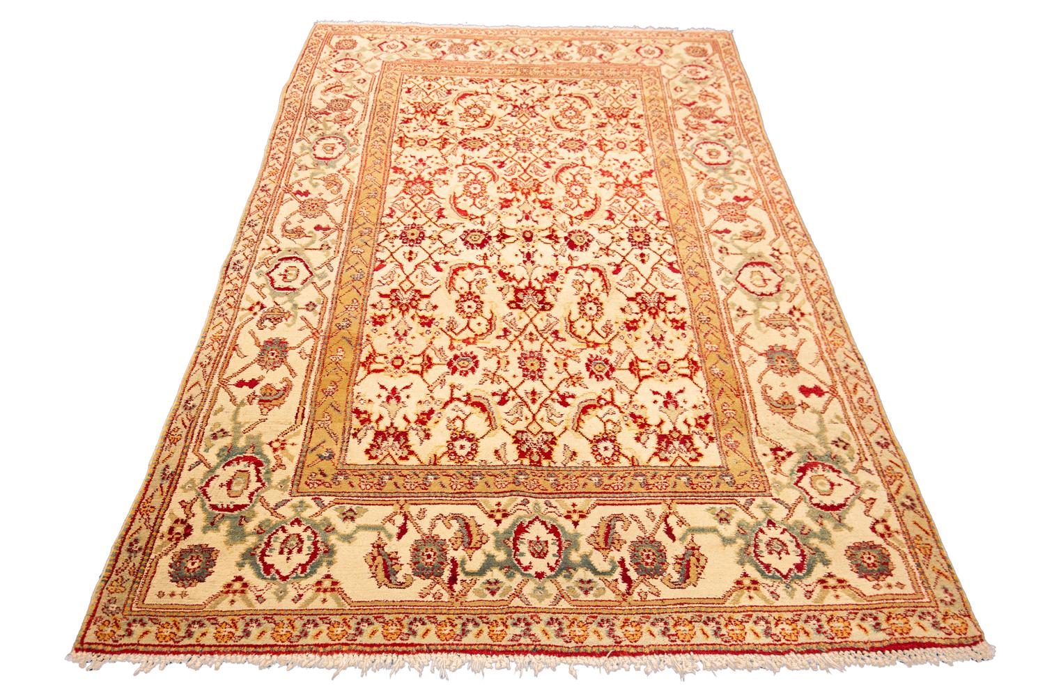 Hand-Knotted Indian Agra Fish Design Antique Rug Ivory Field Floral All-over For Sale
