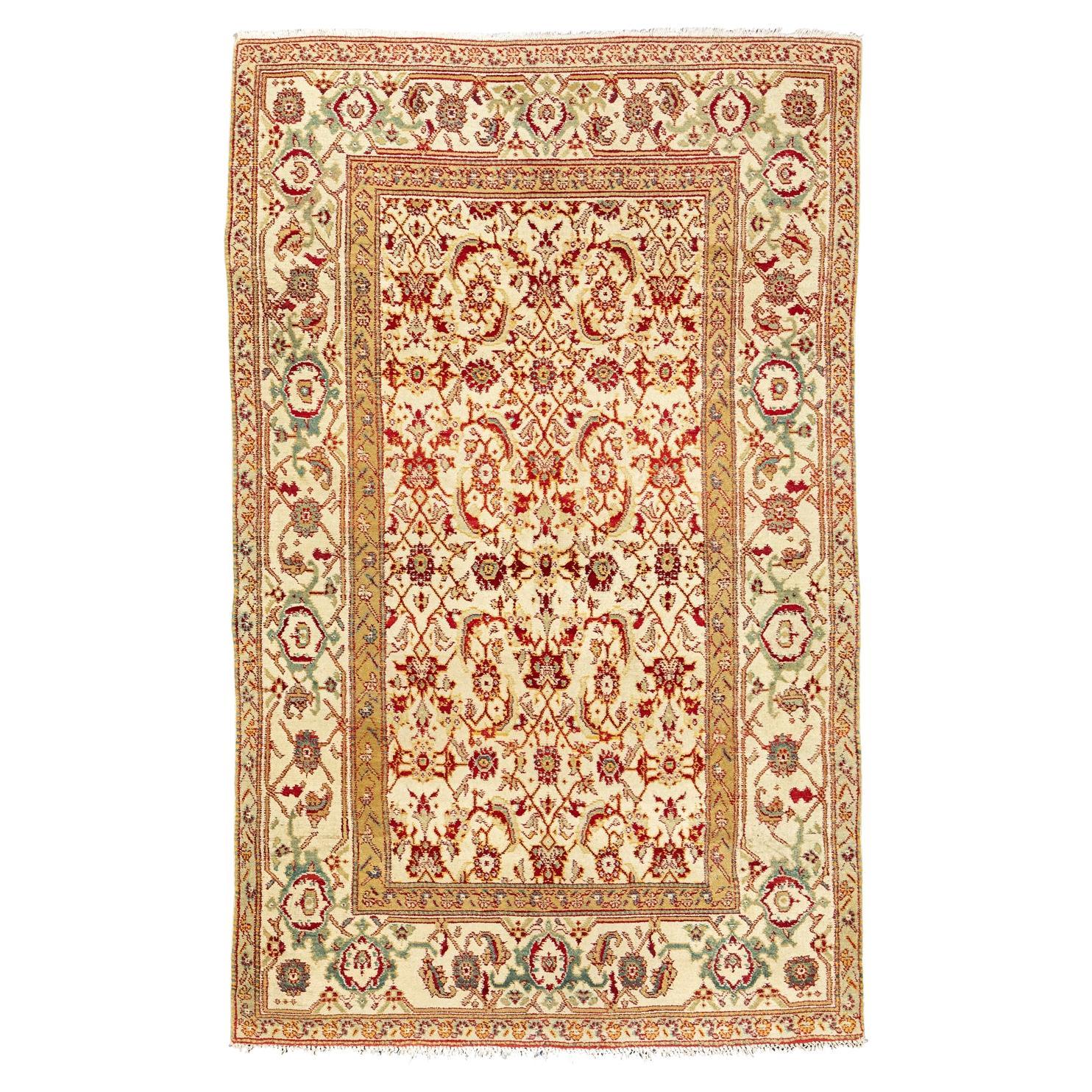 Indian Agra Fish Design Antique Rug Ivory Field Floral All-over For Sale