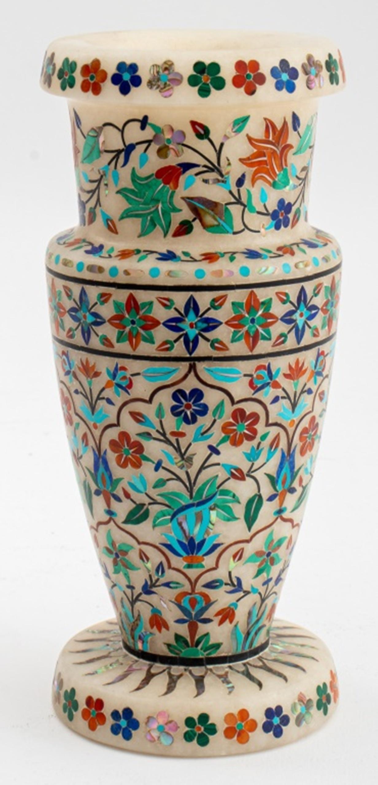 20th Century Indian Alabaster Vase w/ Semi-Precious Stone Inlay For Sale
