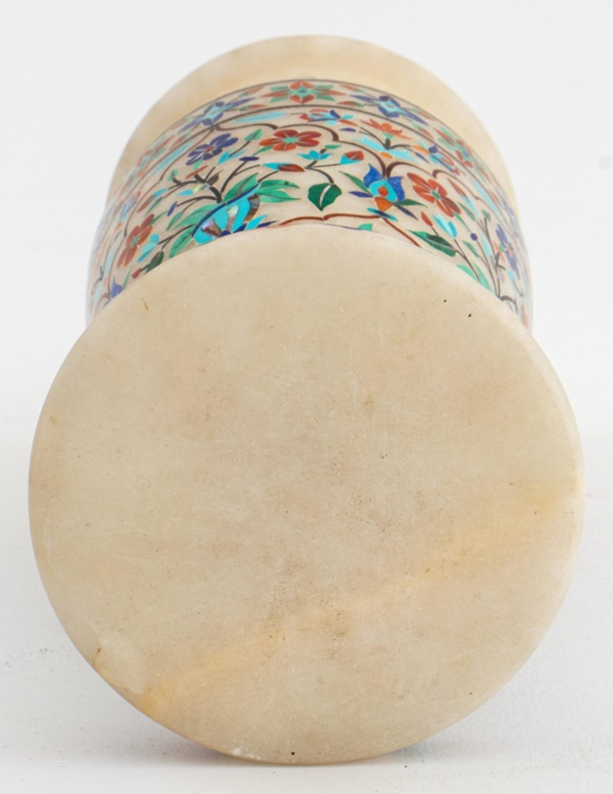 Indian Alabaster Vase w/ Semi-Precious Stone Inlay For Sale 1