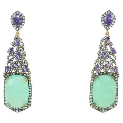 Indian Amethyst Crystal & Sea Foam Glass Dangle Earrings
