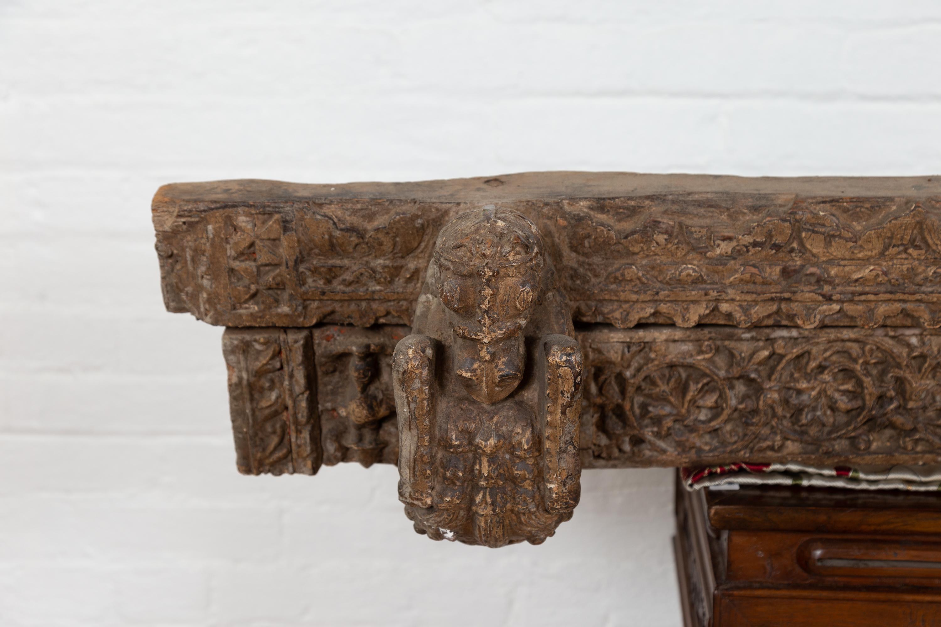 Hand-Carved Indian Antique 19th Century Architectural Temple Molding with Carved Animals For Sale