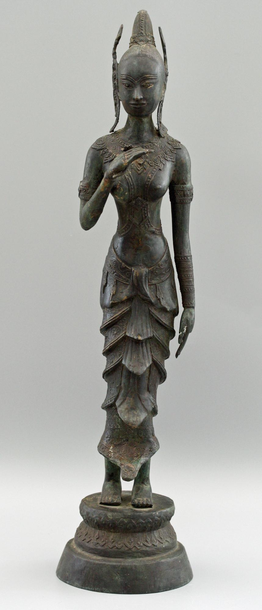 Indonesian Antique Bronze Figure of a Slender Goddess with Lotus Flower 4