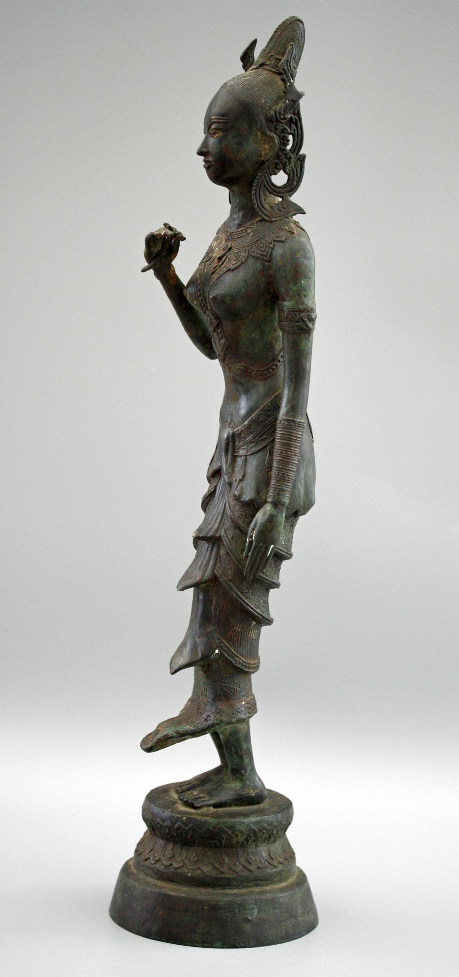 Indonesian Antique Bronze Figure of a Slender Goddess with Lotus Flower 5