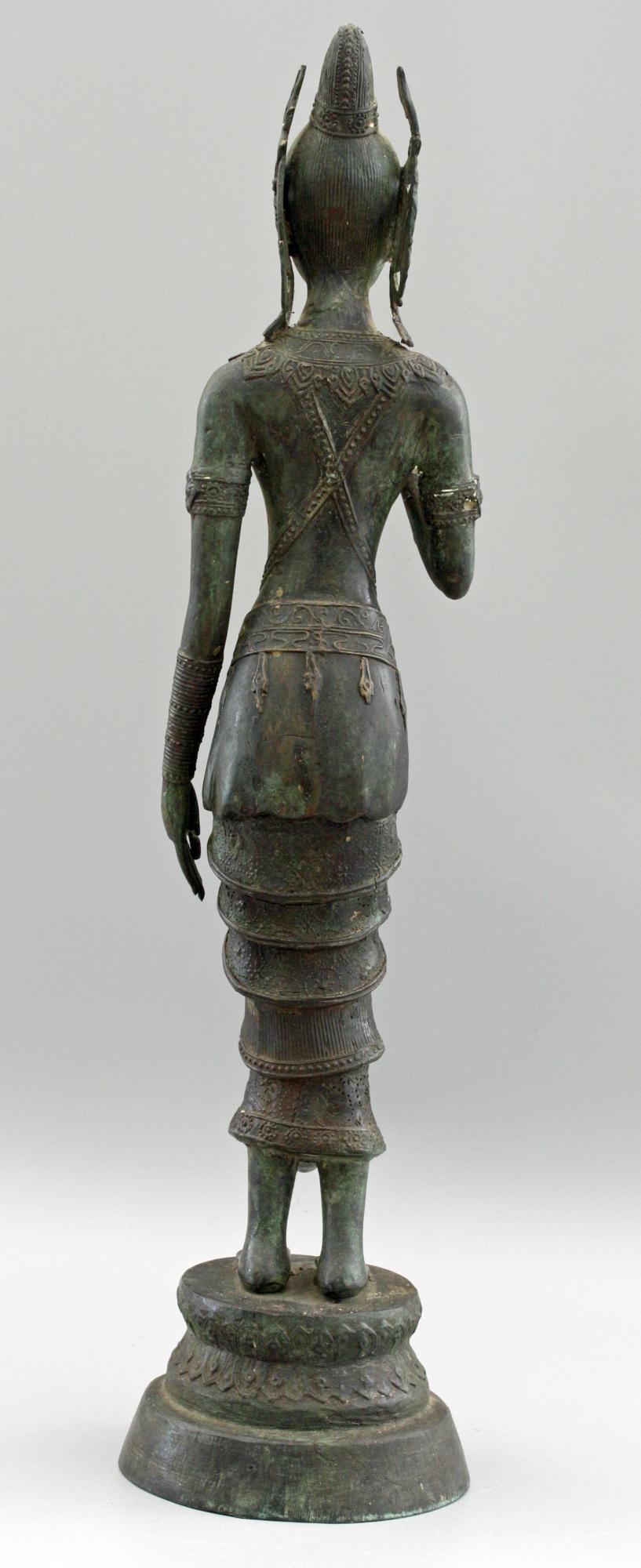 Indonesian Antique Bronze Figure of a Slender Goddess with Lotus Flower 6