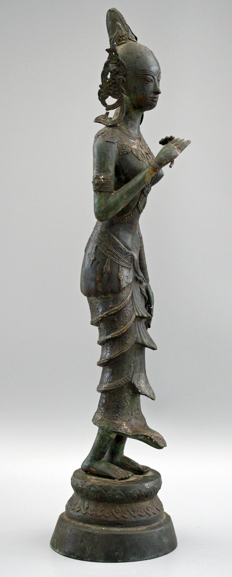 Indonesian Antique Bronze Figure of a Slender Goddess with Lotus Flower 7