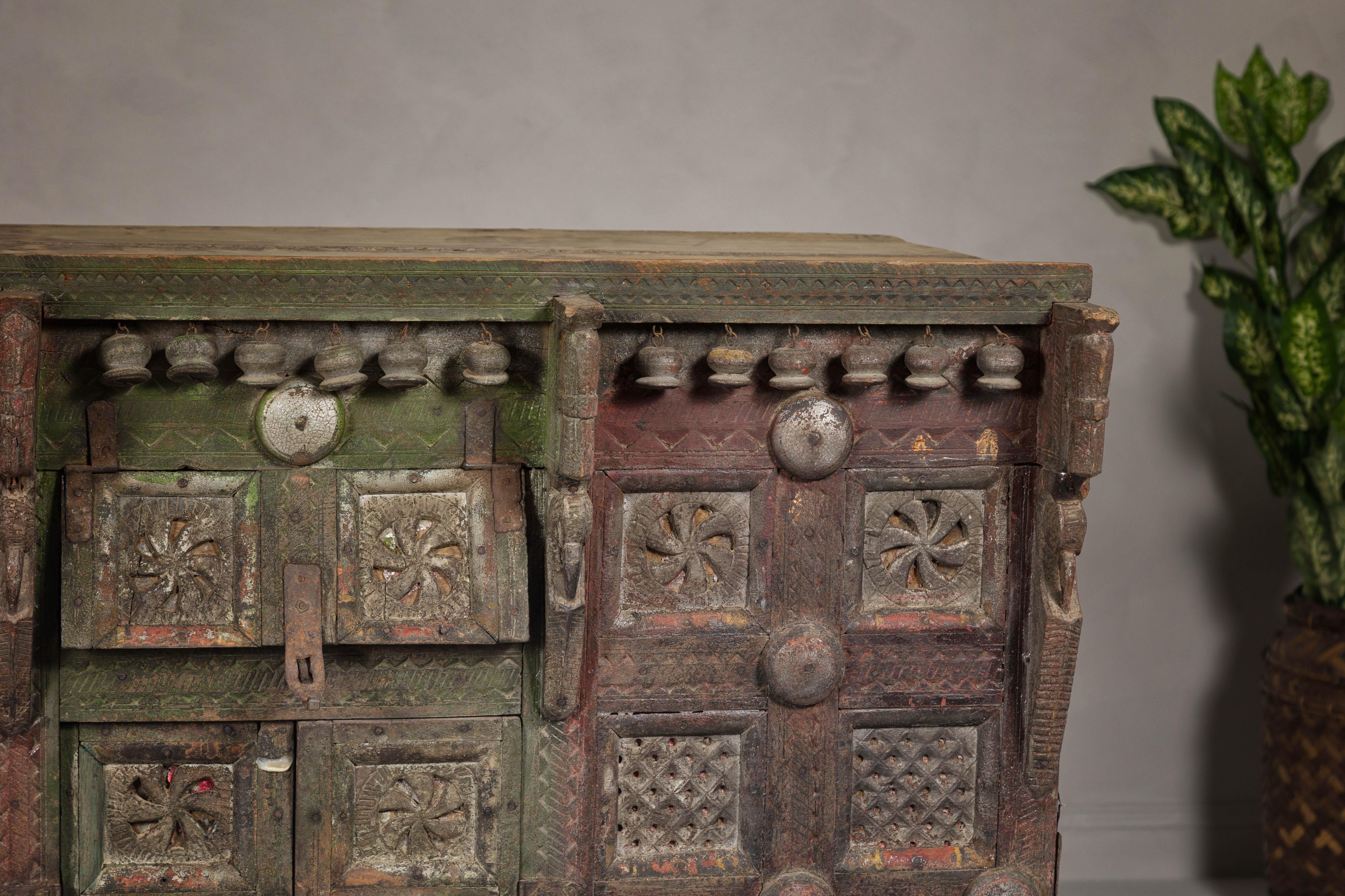 Indian Antique Carved Wooden Damachiya Dowry Cabinet on Wheels with Polychromy For Sale 5