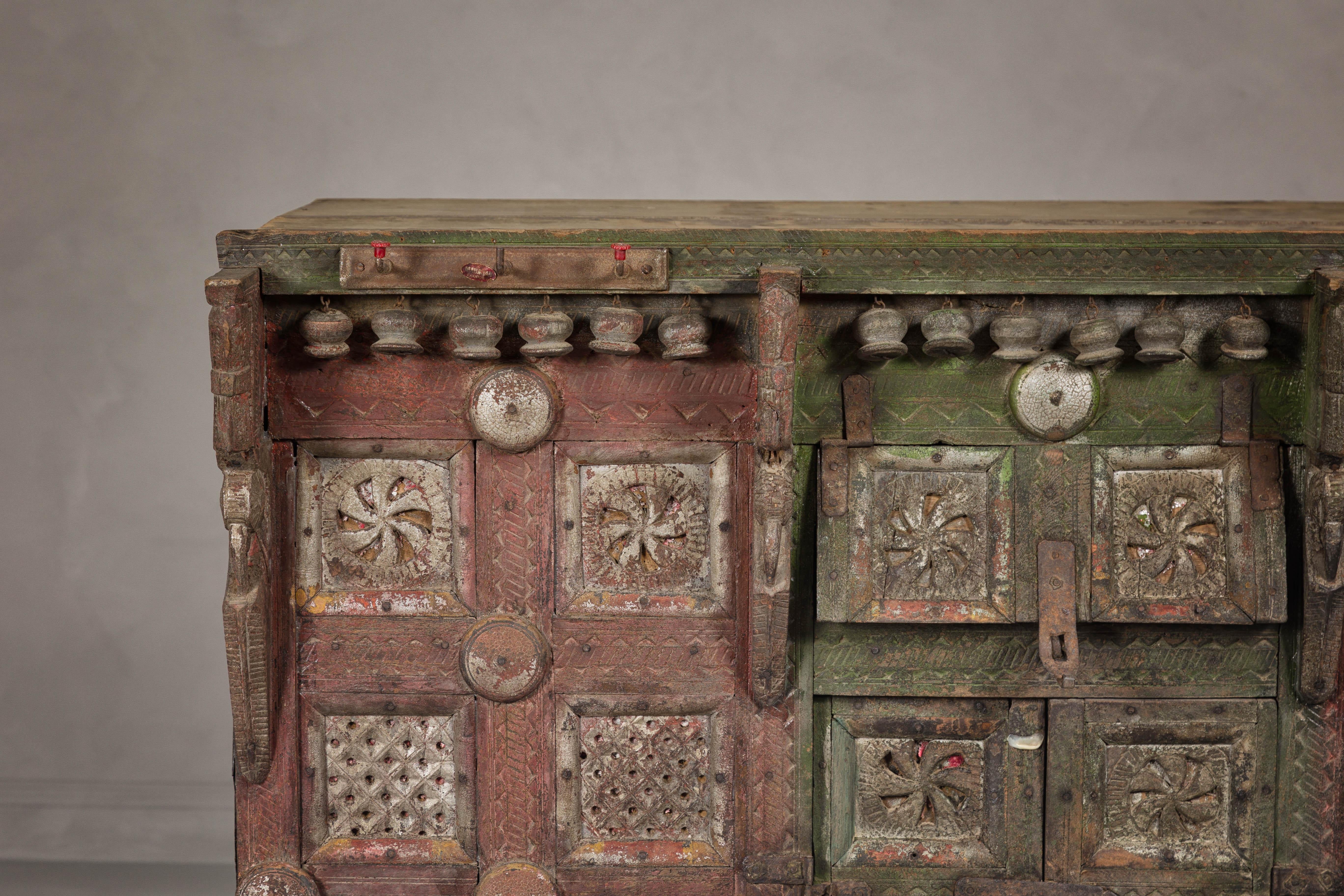 Indian Antique Carved Wooden Damachiya Dowry Cabinet on Wheels with Polychromy For Sale 6