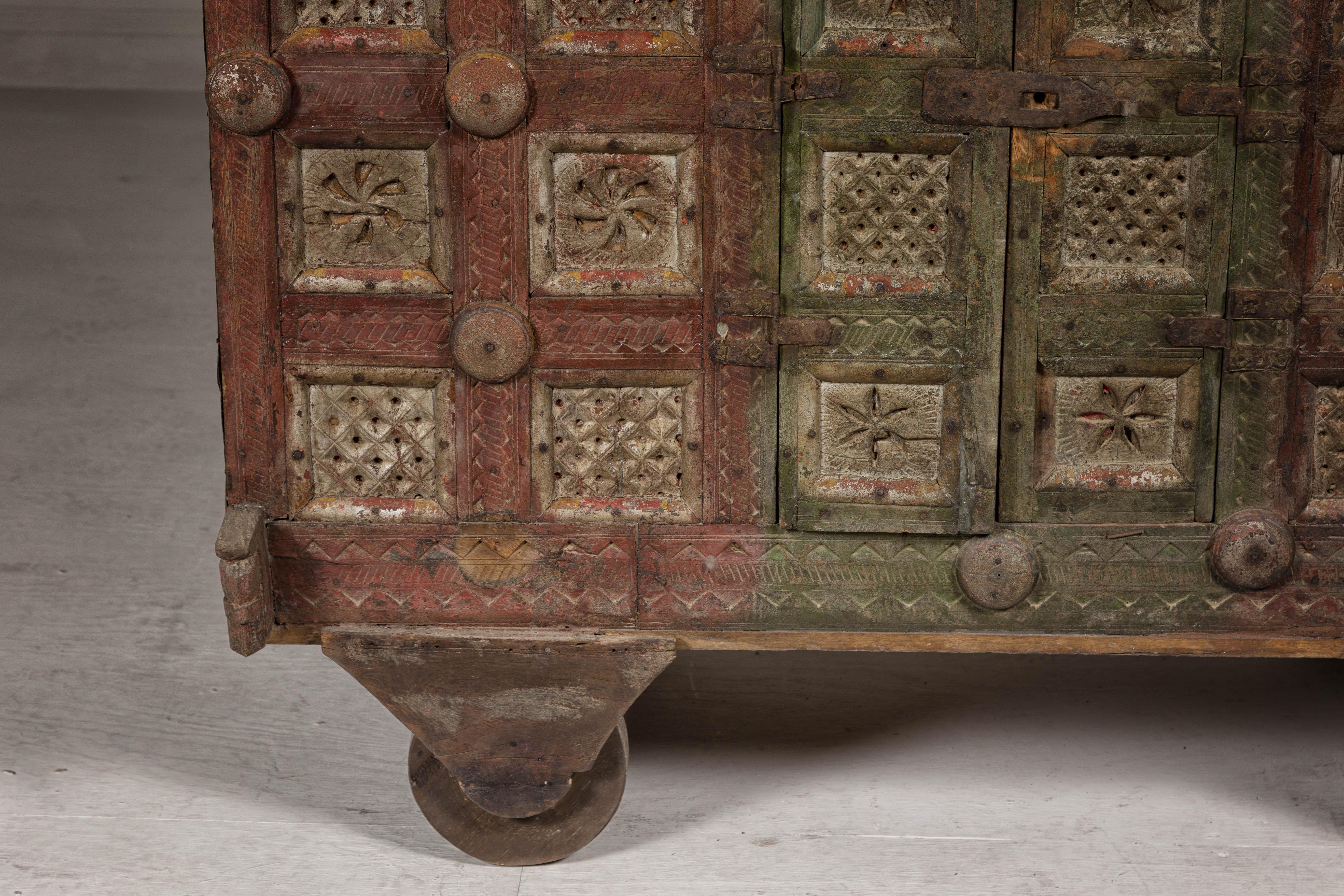 Indian Antique Carved Wooden Damachiya Dowry Cabinet on Wheels with Polychromy For Sale 7