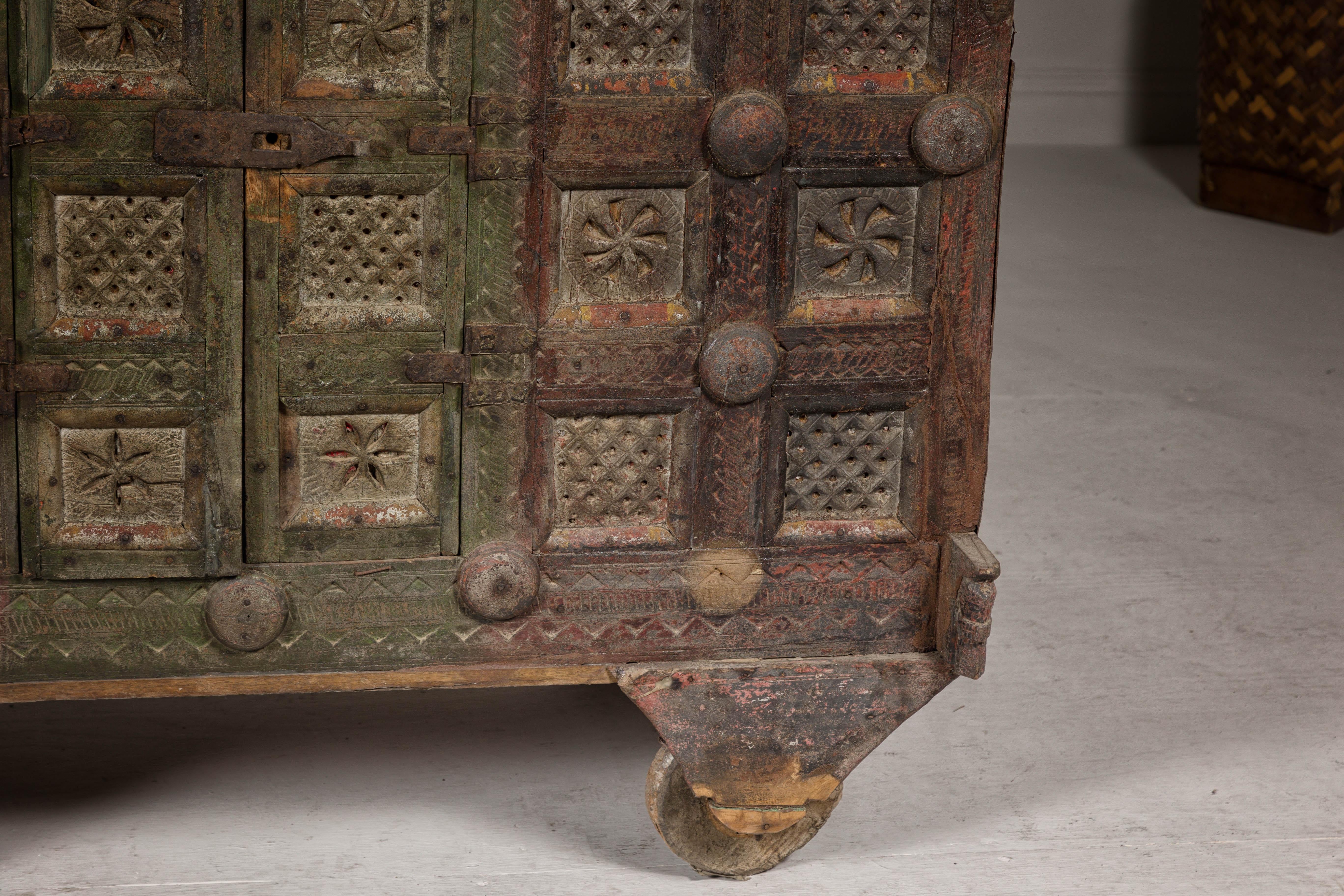 Indian Antique Carved Wooden Damachiya Dowry Cabinet on Wheels with Polychromy For Sale 8