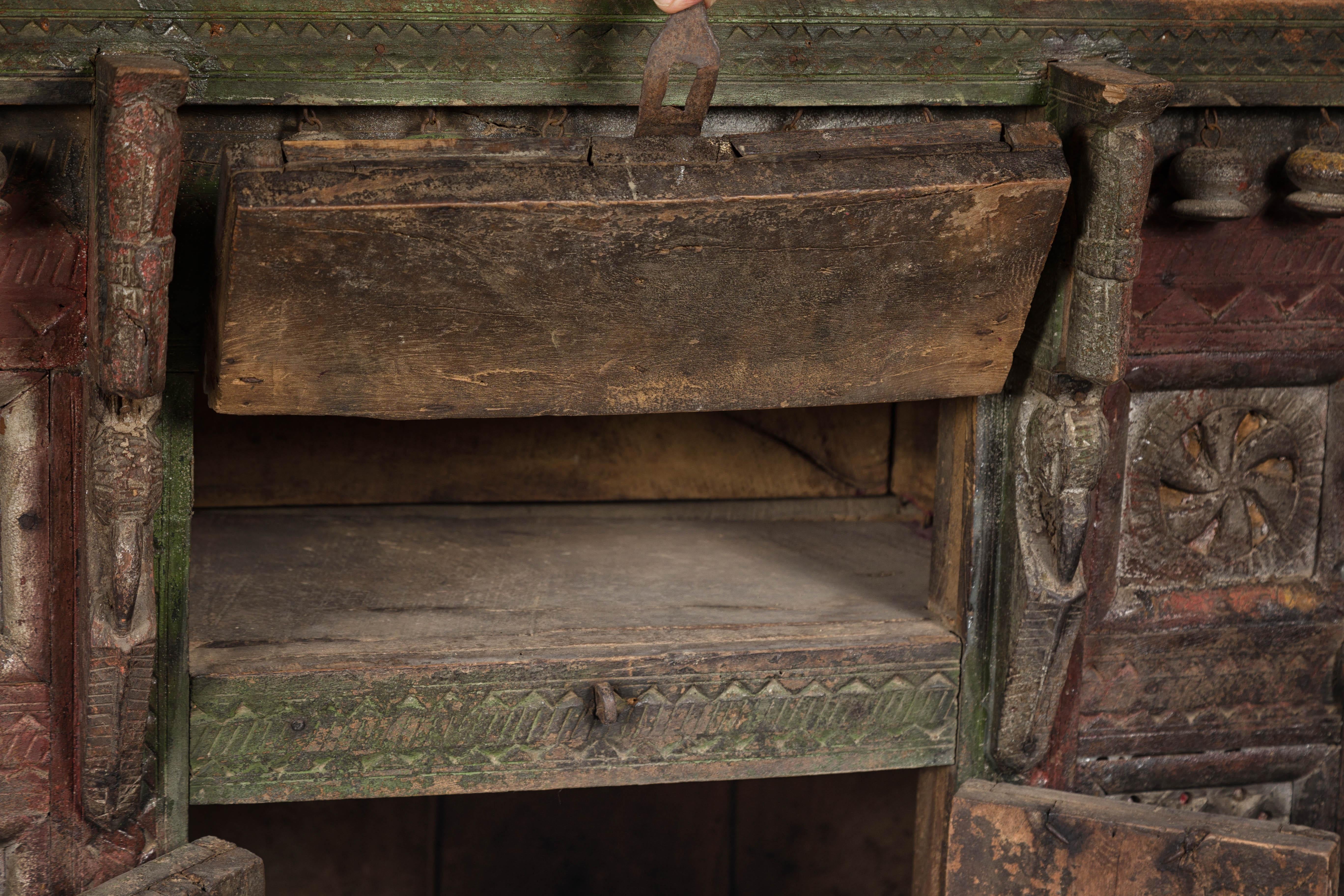 Indian Antique Carved Wooden Damachiya Dowry Cabinet on Wheels with Polychromy For Sale 9