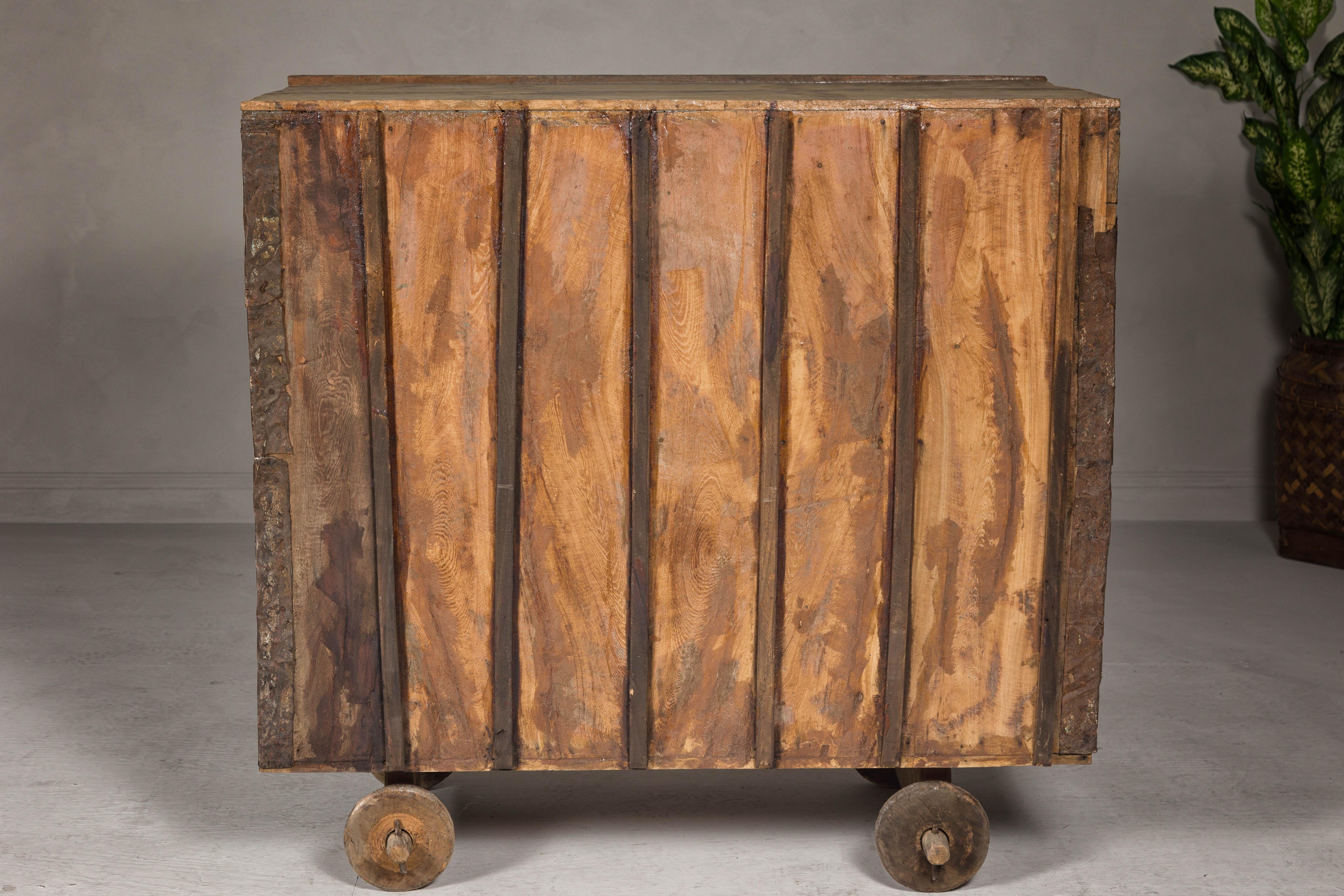 Indian Antique Carved Wooden Damachiya Dowry Cabinet on Wheels with Polychromy For Sale 11