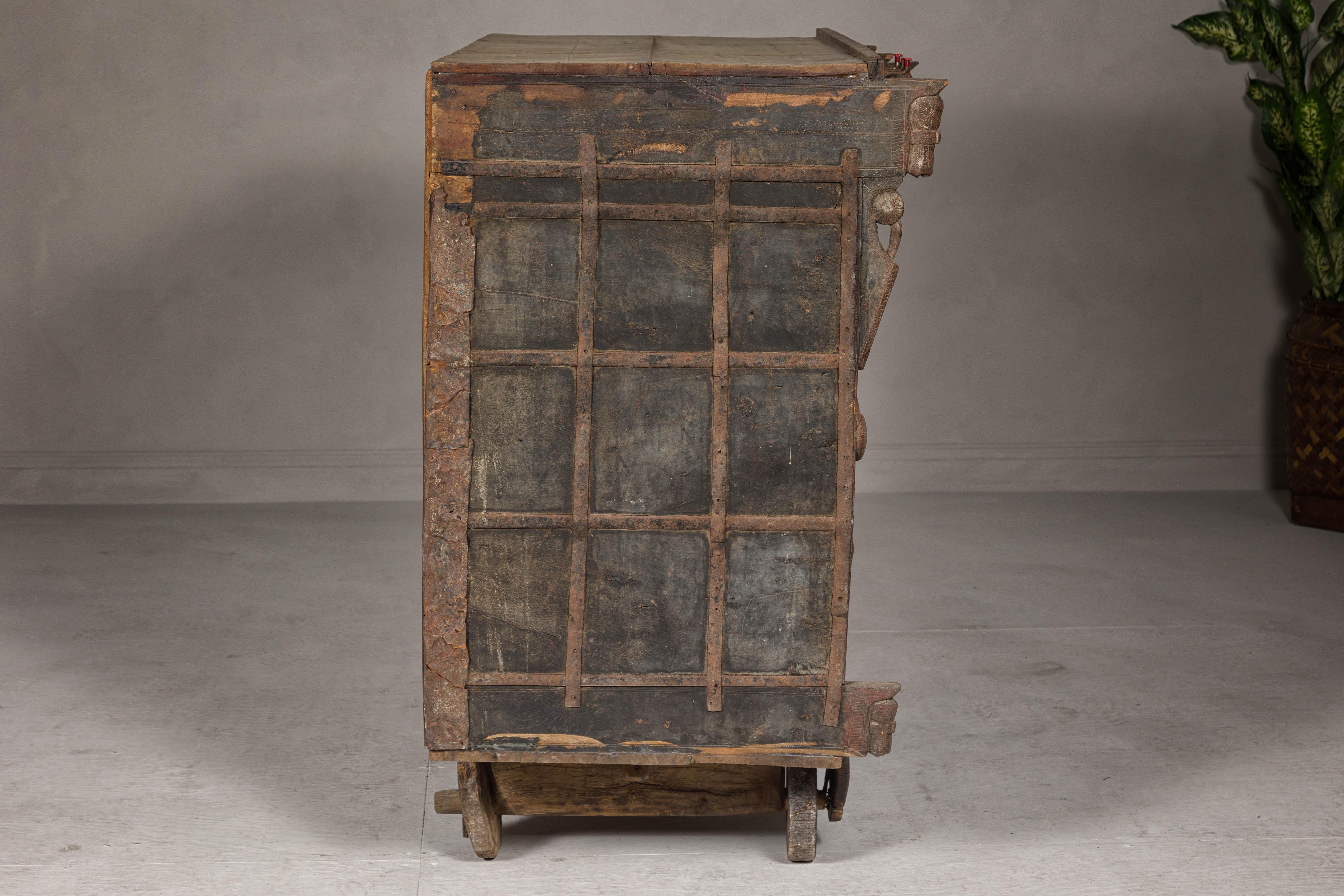 Indian Antique Carved Wooden Damachiya Dowry Cabinet on Wheels with Polychromy For Sale 12