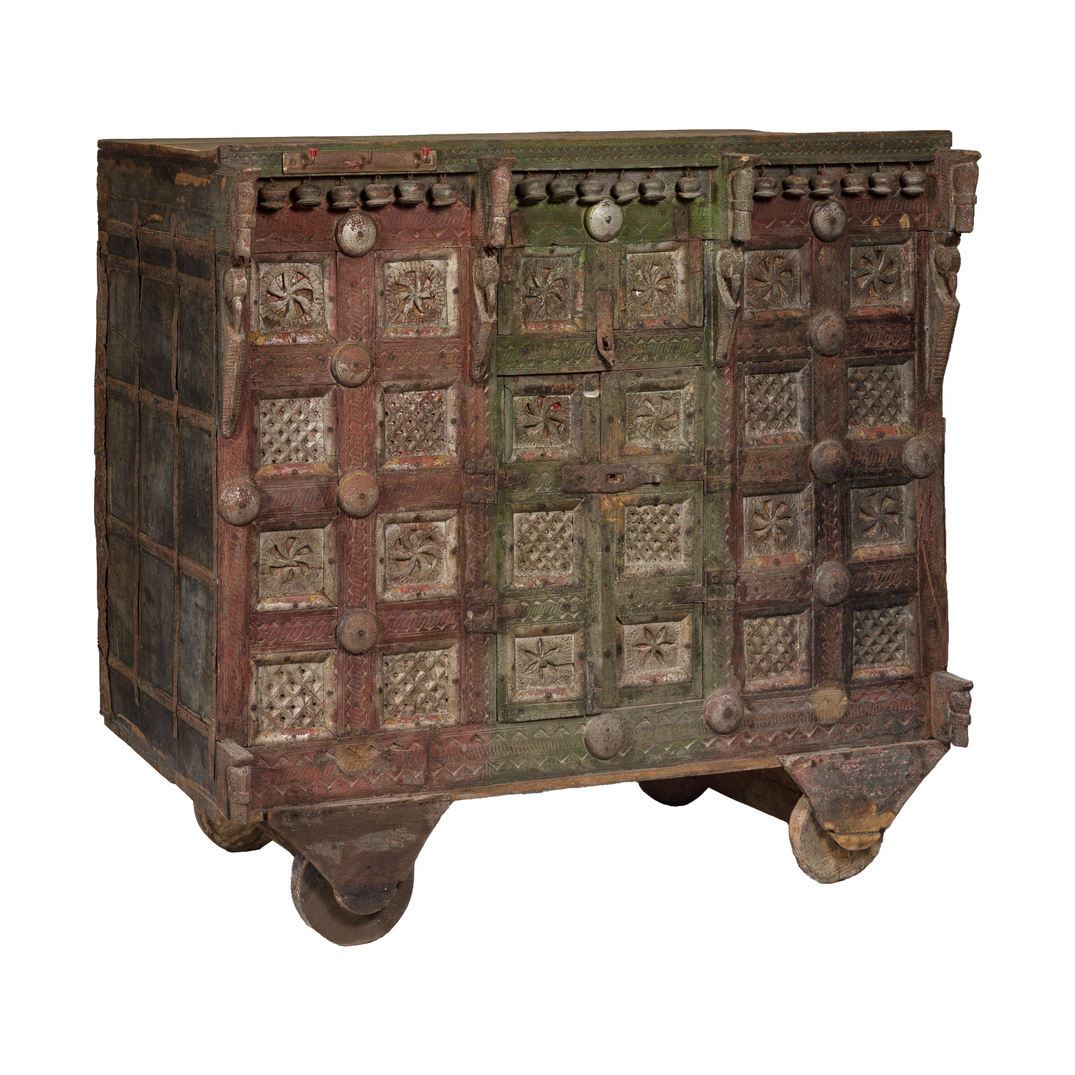 Indian Antique Carved Wooden Damachiya Dowry Cabinet on Wheels with Polychromy For Sale 13