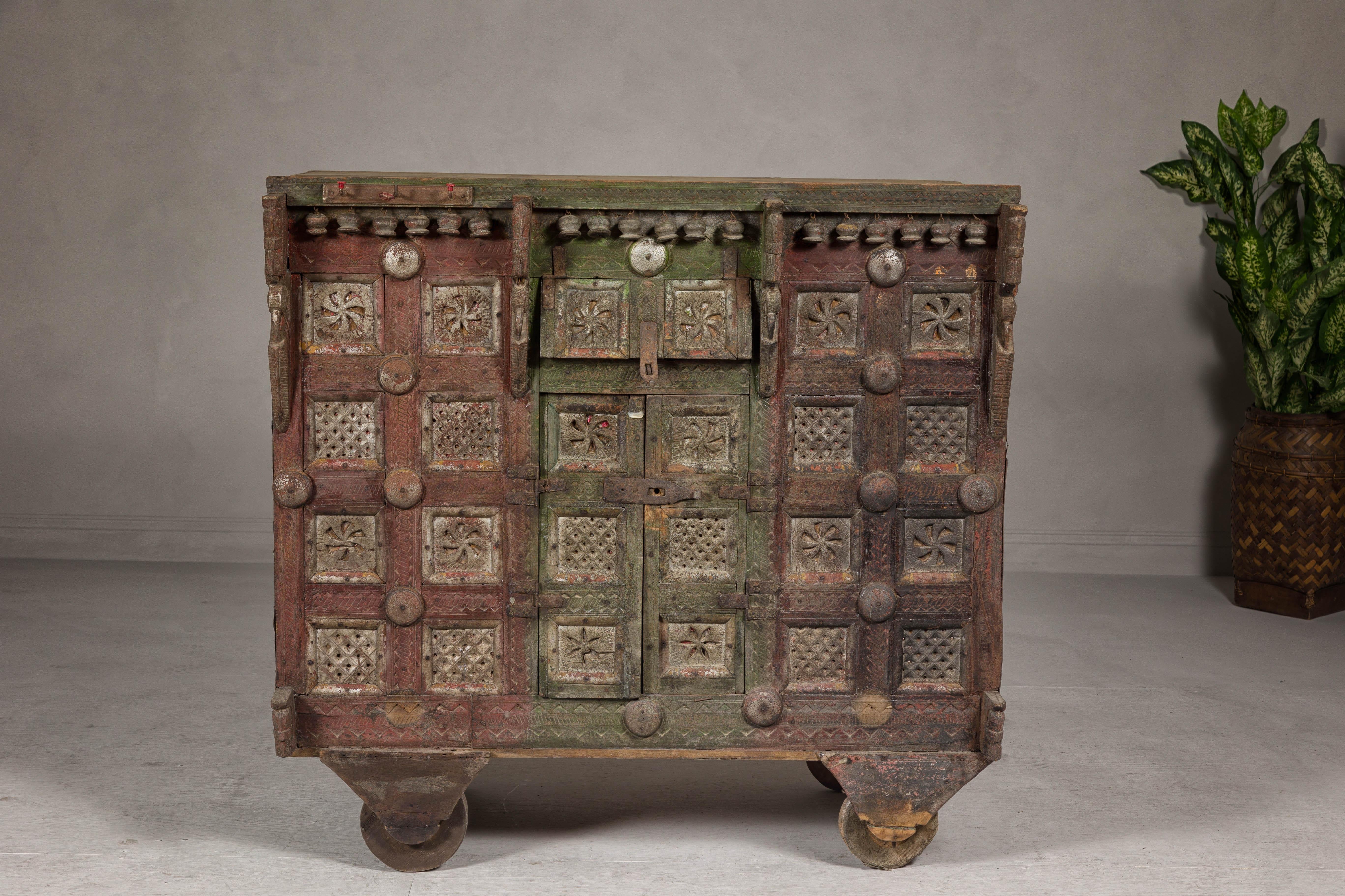 Hand-Carved Indian Antique Carved Wooden Damachiya Dowry Cabinet on Wheels with Polychromy For Sale