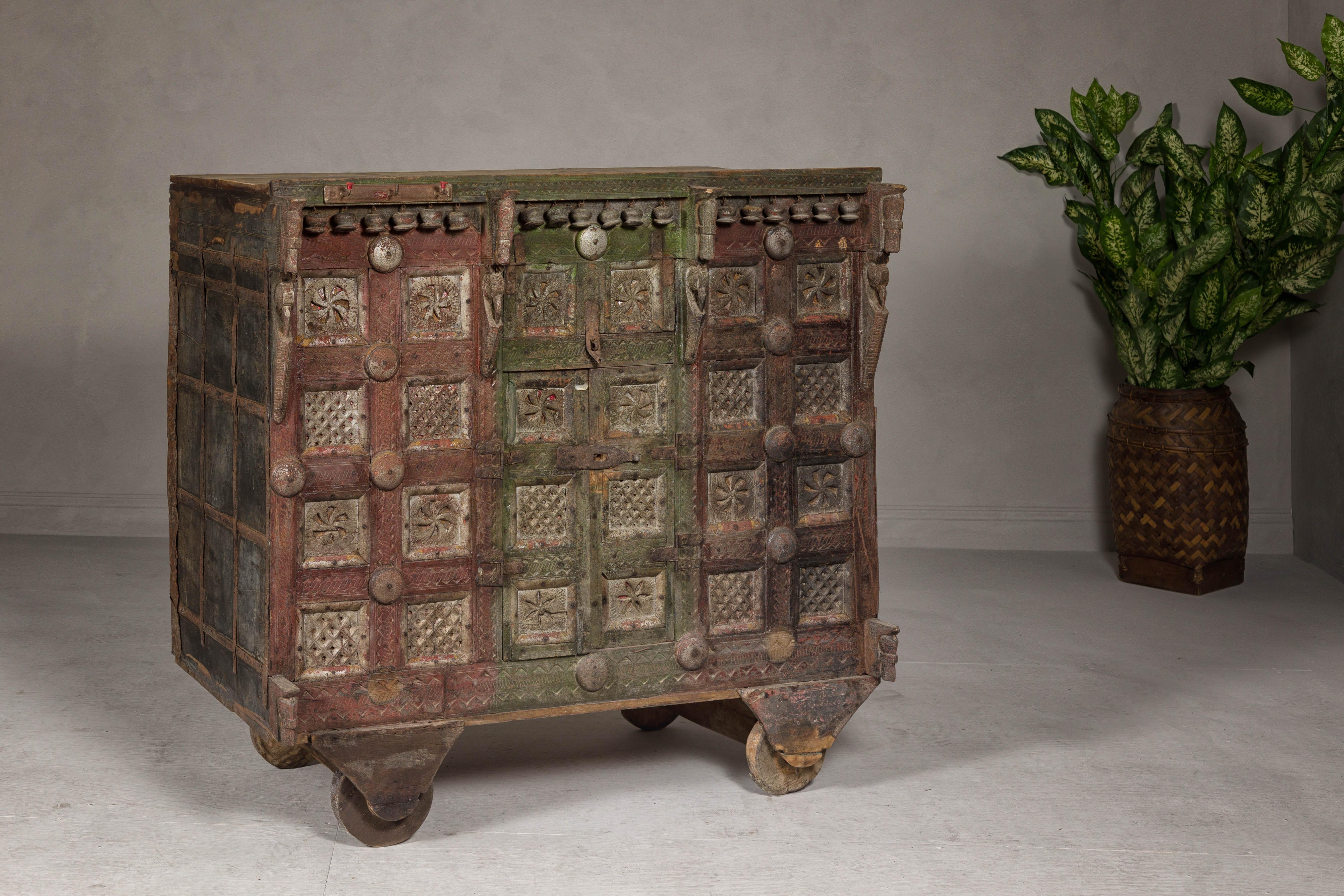 Indian Antique Carved Wooden Damachiya Dowry Cabinet on Wheels with Polychromy In Good Condition For Sale In Yonkers, NY