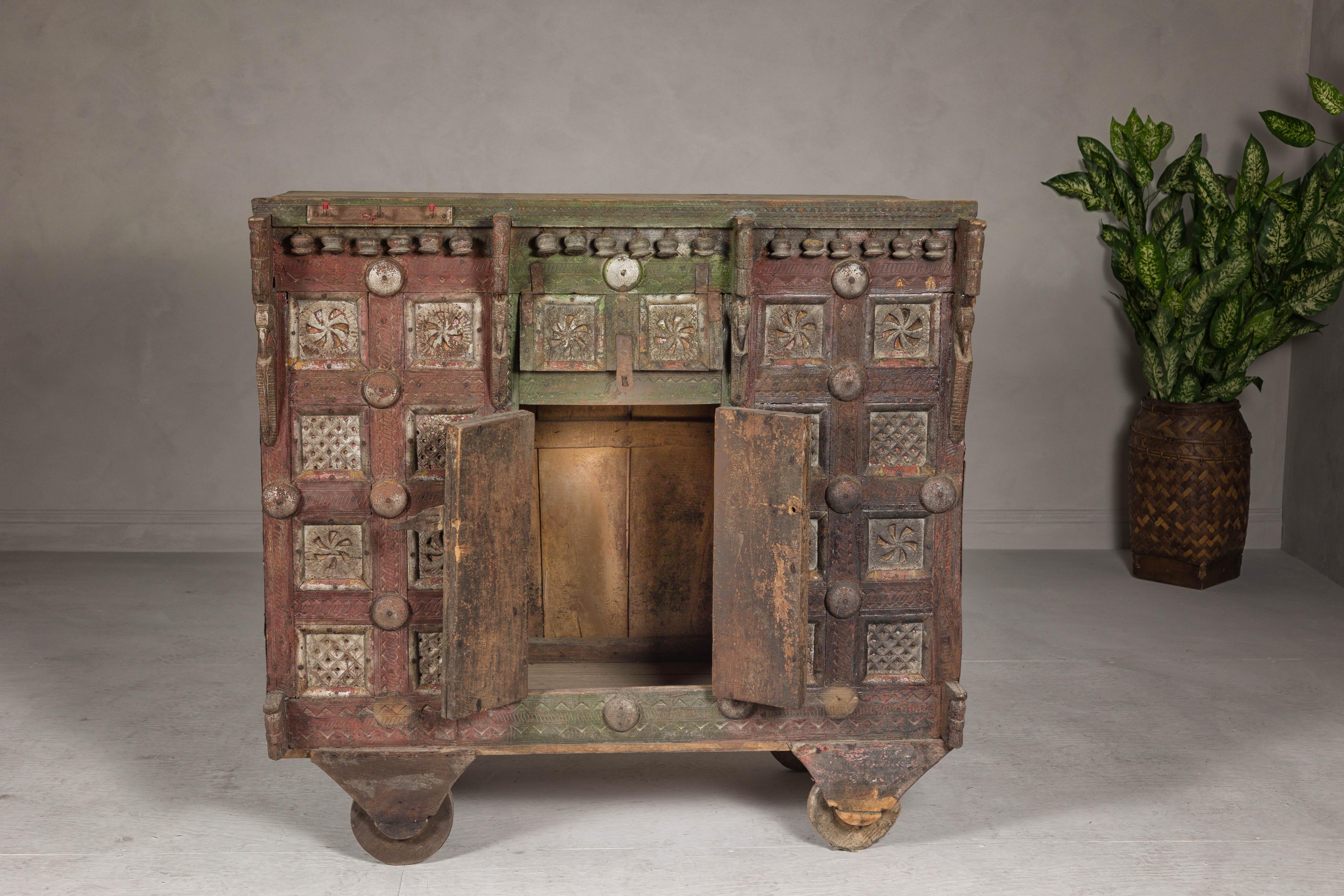 19th Century Indian Antique Carved Wooden Damachiya Dowry Cabinet on Wheels with Polychromy For Sale